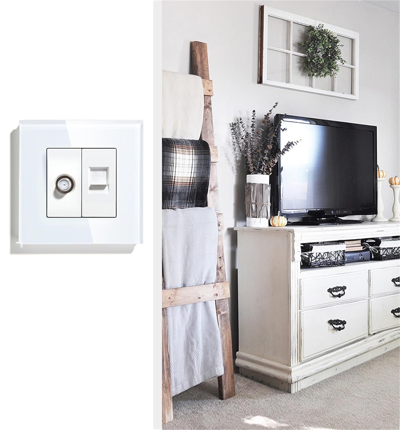 EU Standard Satellite PC Wall Socket Internet CAT5 Network Antenna Power Outlet Crystal Glass Panel 86 * 86mm(Gray)