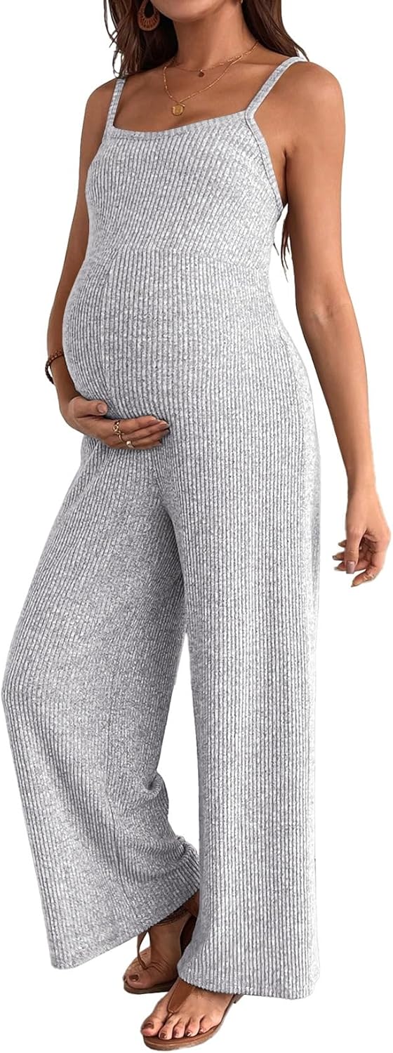 BLENCOT Maternity Ribbed Jumpsuit Sleeveless Square Neck Wide Leg Stretchy One Piece Romper