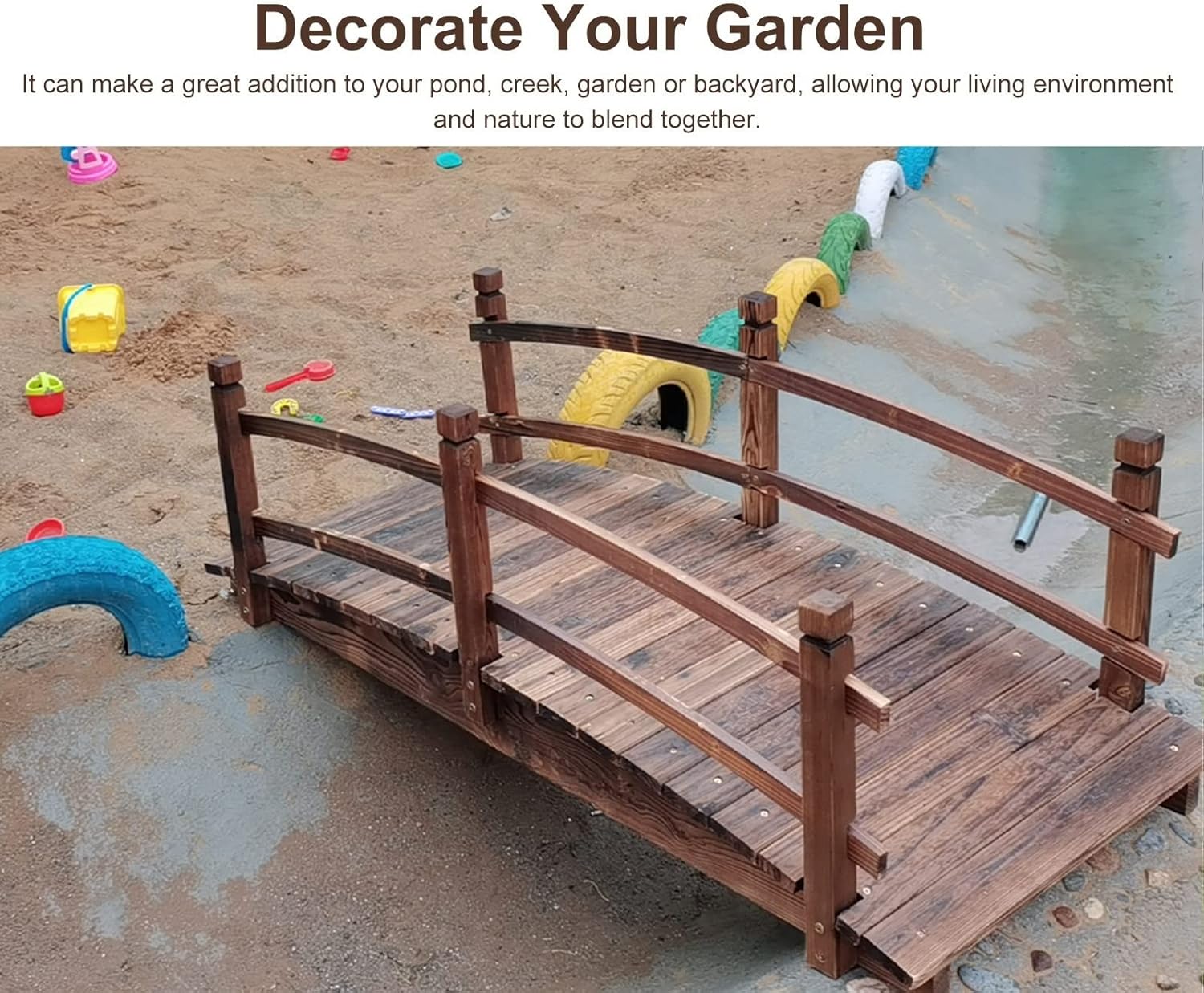 Katzowen Backyard Wooden Bridge Small Garden Bridges for Outdoors 4.6ft, Retro Wooden Pond Bridge for Home Backyard Garden Decor, Arch Farm Footbridge with Safety Rails