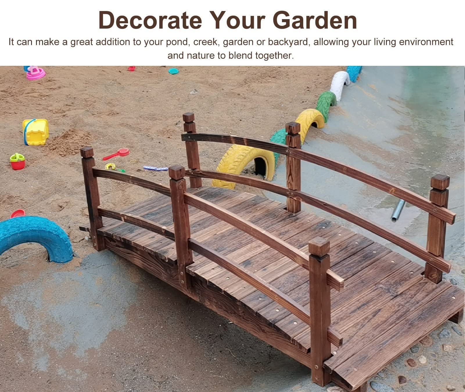 Ponte Da Giardino In Legno Carbonizzato - Per Laghetti E Esterni, Design Naturale, Facile Assemblaggio - Foto 8