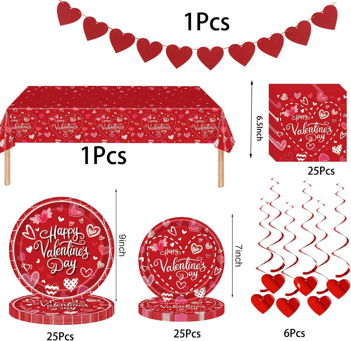 Valentines Day Party Supplies, Valentines day plates, Napkins, Tablecloth, Banner, Hanging Swirls, Valentine's Day Party Decorations, Valentine's Disposable Paper Plates, Serve 25