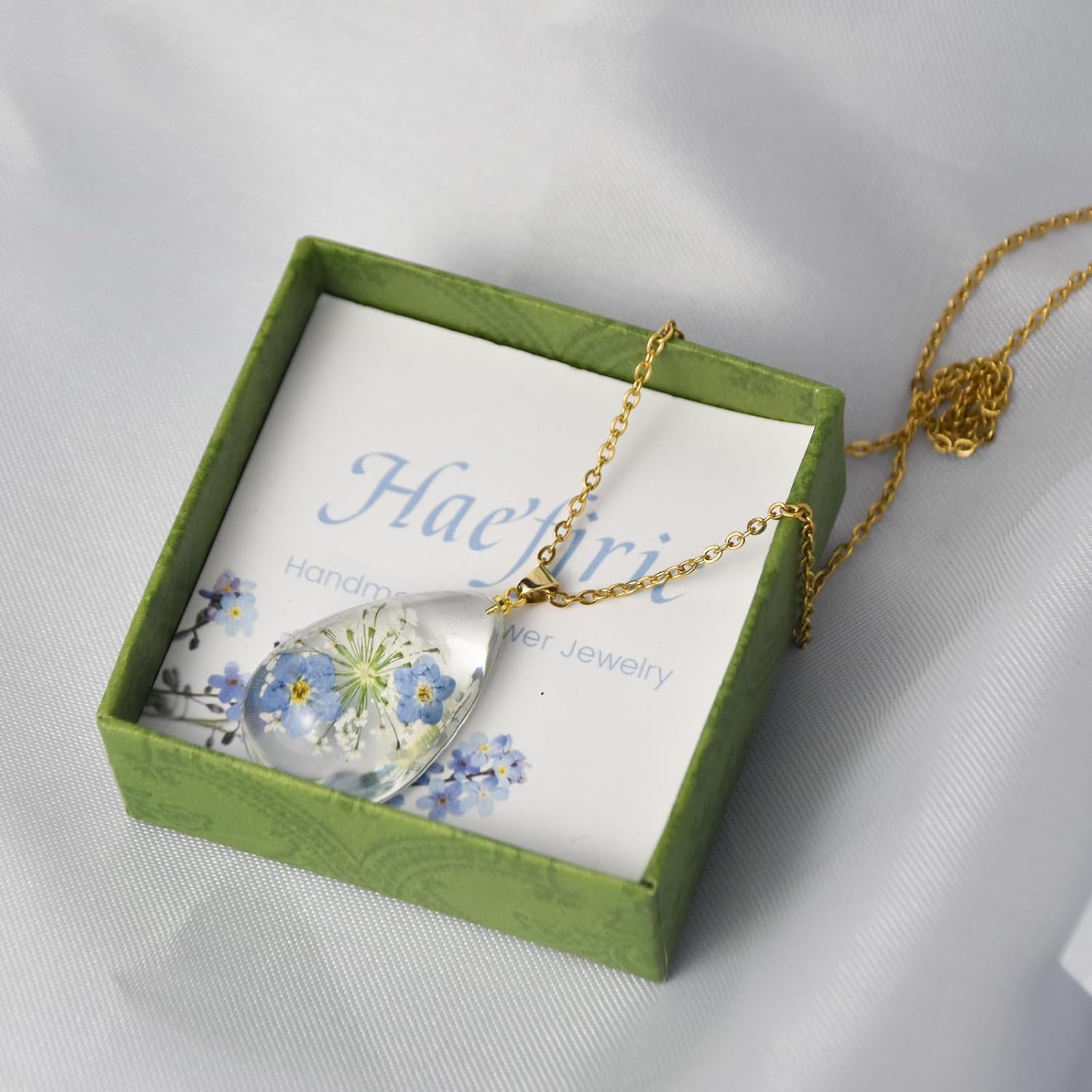 Forget-Me-Not and Queen Anne's Lace Pressed Wildflower Necklace | Gold Pressed Flower Necklace | Personalized Handmade Necklaces | Real Flower Necklace - Image 3