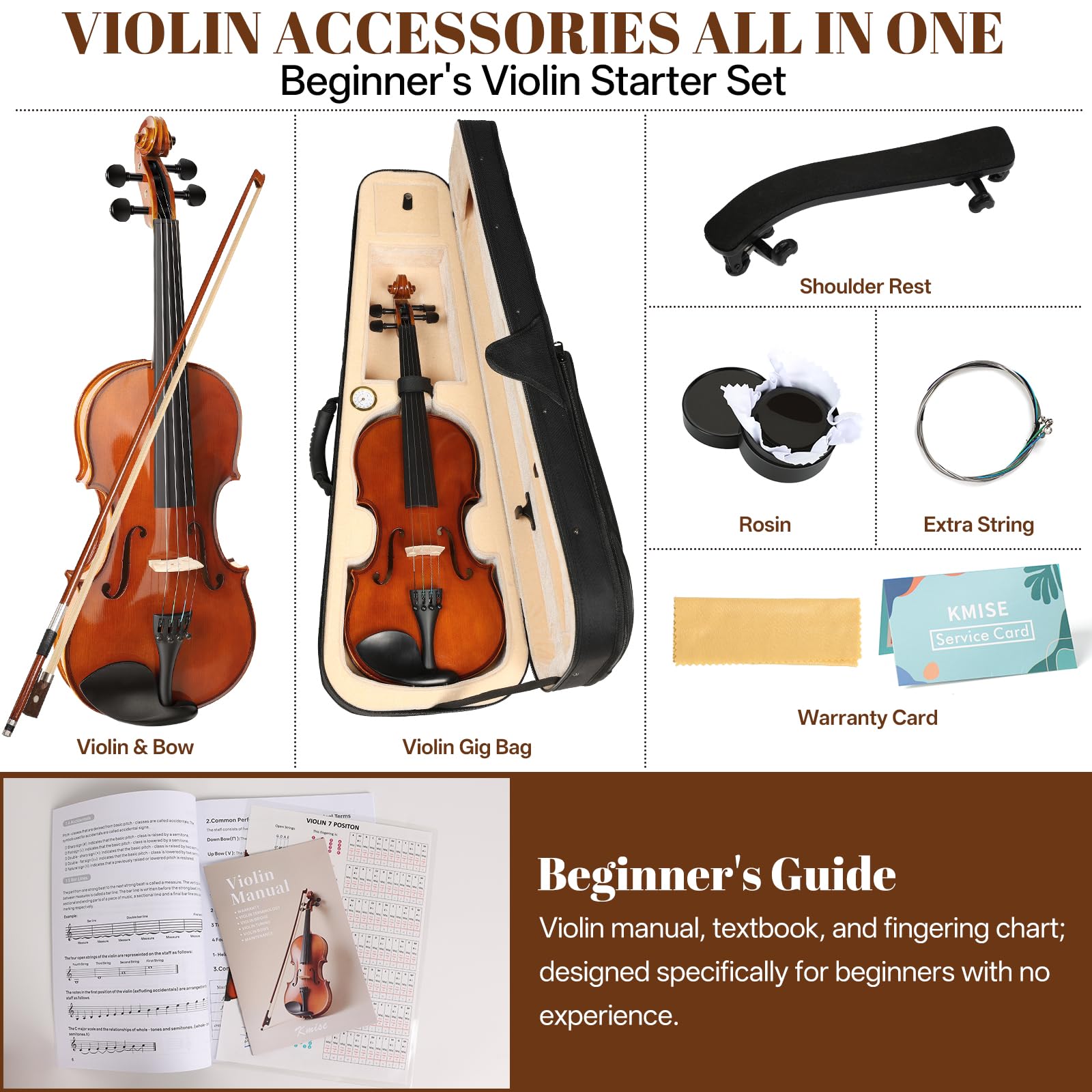 Kmise Violine 4/4 Full Set High Density Ebenholz Violinen Glänzend Akustische Geige für Erwachsene Anfänger Studenten mit Violinkoffer Kolophonium Saiten Bogen Schulterstütze & Führung (Rotbraun 4/4)