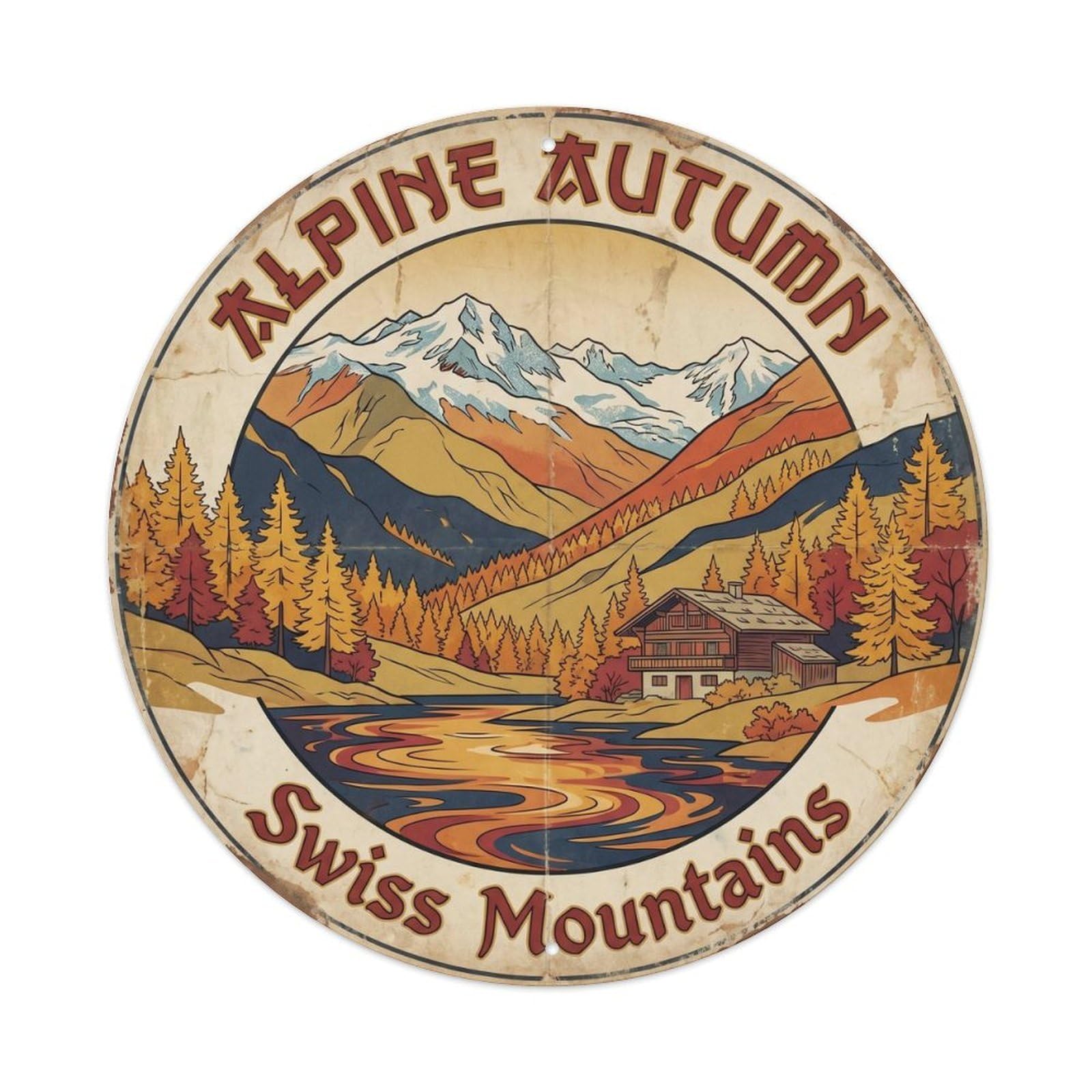 Vintage Travel Swiss Alps Autumn Metal Tin Sign Plaque Wall Decor for Cafe, Club, Garden Round Metal Poster 8x8Inch