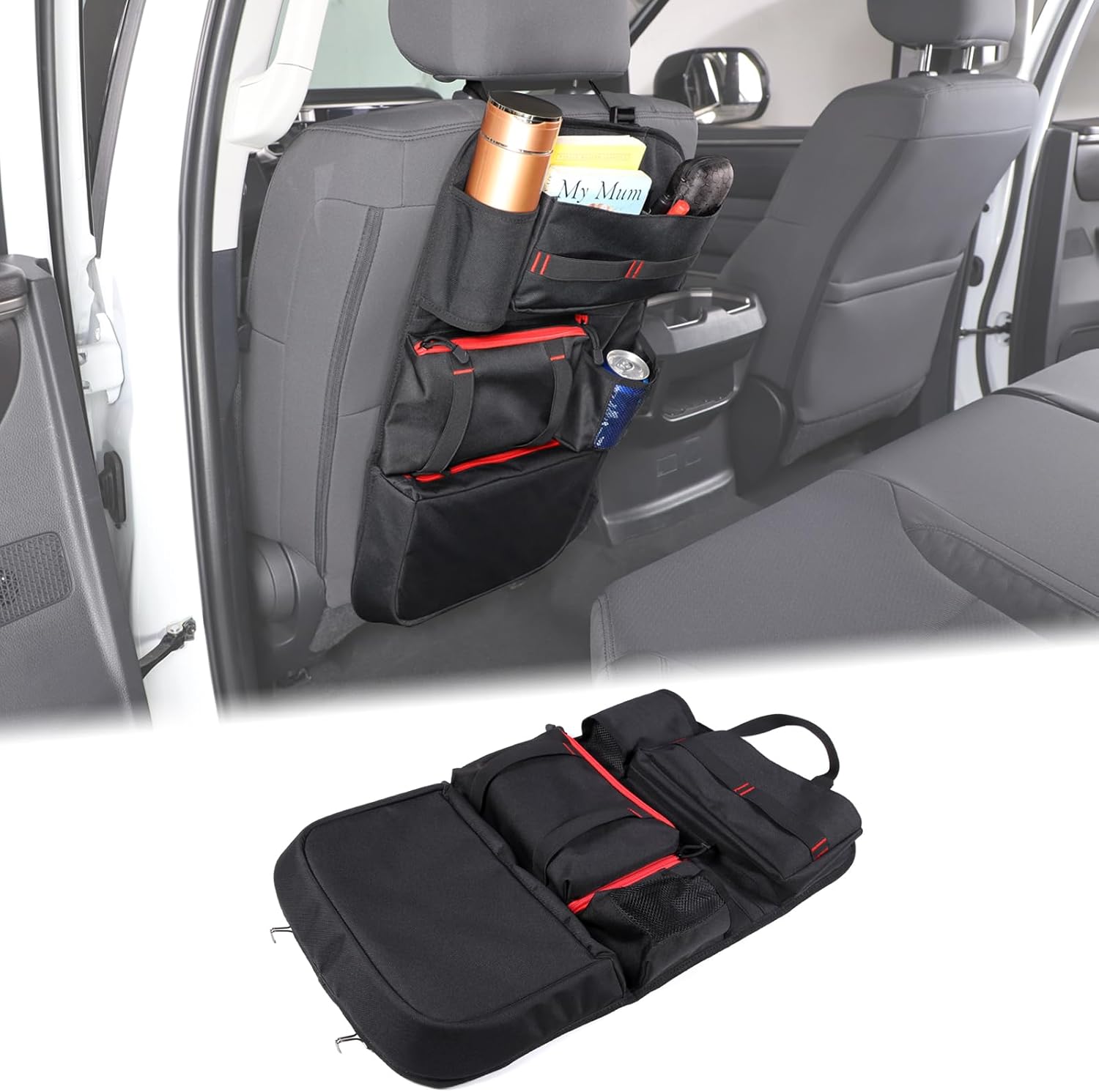 Aunginsy Back Seat Car Organizer Compatible with Toyota Tundra 2022-2025 Multifunctional Backseat Storage Bag Pocket Stabilizing Side Straps Soft Adjustable Shoulder Strap/Hardened Buckles Accessories