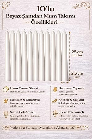 Beyaz Renk İnce Şamdan Mum Seti Varaklı, 25 cm Uzunluk, 10’lu Paket, Dekoratif Taper, Şık Masa, Davet ve Özel Gün Dekorasyonu İçin
