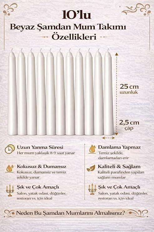 Beyaz Renk İnce Şamdan Mum Seti Varaklı, 25 cm Uzunluk, 10’lu Paket, Dekoratif Taper, Şık Masa, Davet ve Özel Gün Dekorasyonu İçin