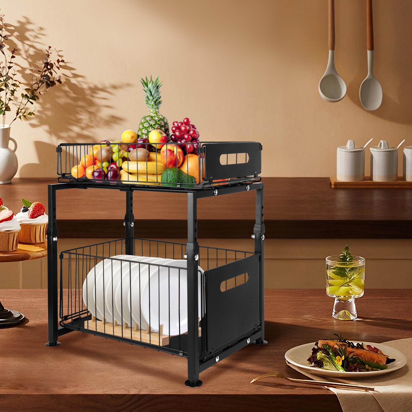 Rangement sous Évier Organisateur, Étagère de Cuisine à 2 étages, Organisateur de Placard Ménager en Métail Robust, pour Cuisine Salle de Bain, Lot de 2 Noir 29 x 38 x (41-49) cm