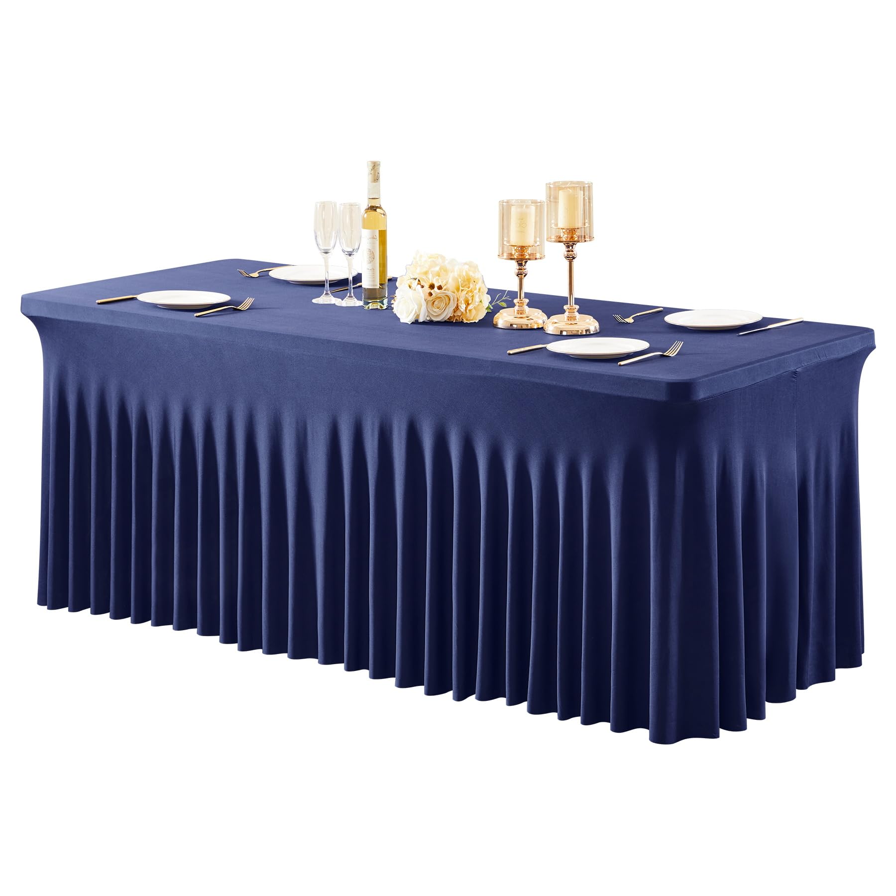 Photo 1 of 1 Pack Navy Blue Table Clothes for 6 Foot Rectangle Tables, One-Piece Wrinkle Resistant Stretch Spandex Table Covers with Table Skirt for Event Banquet Wedding Birthday Party