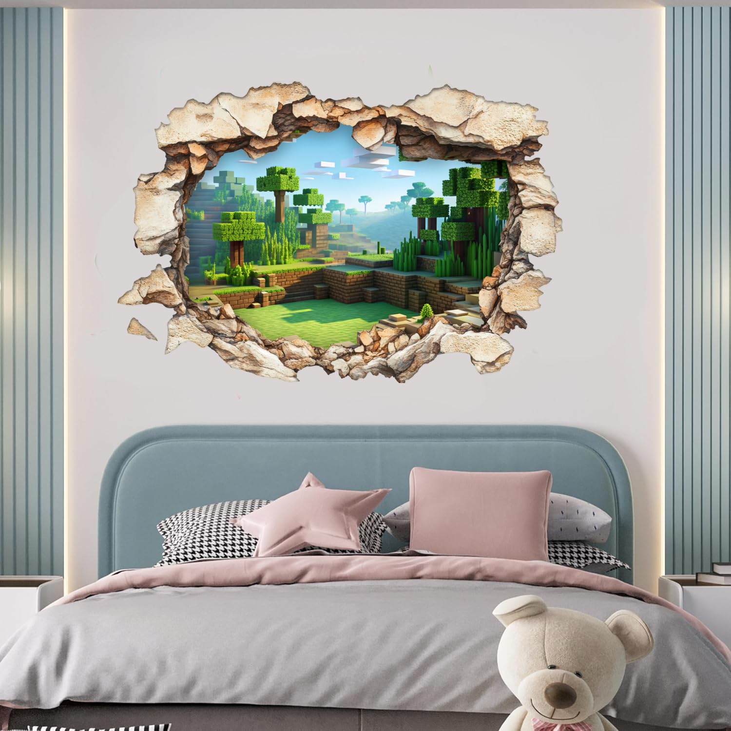 3D Pixel Block Wall Decal - Cube World Forest Mural with Smashed Hole Effect, Gamer Room Decor for Kids Peel & Stick Vinyl (40×60 cm) - Image 3