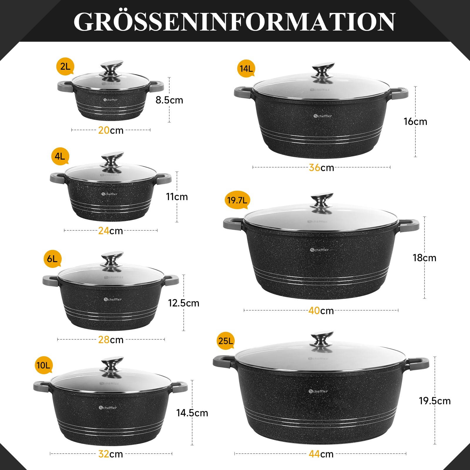 Topf Scheffler Schmortopf Induktion 20cm/2,2L Kochtopf mit Glasdeckel | Aluminiumguss, Antihaftbeschichtung , Aluguss, 2 Silikon Griffschutz, für alle Herdarten Schwarz