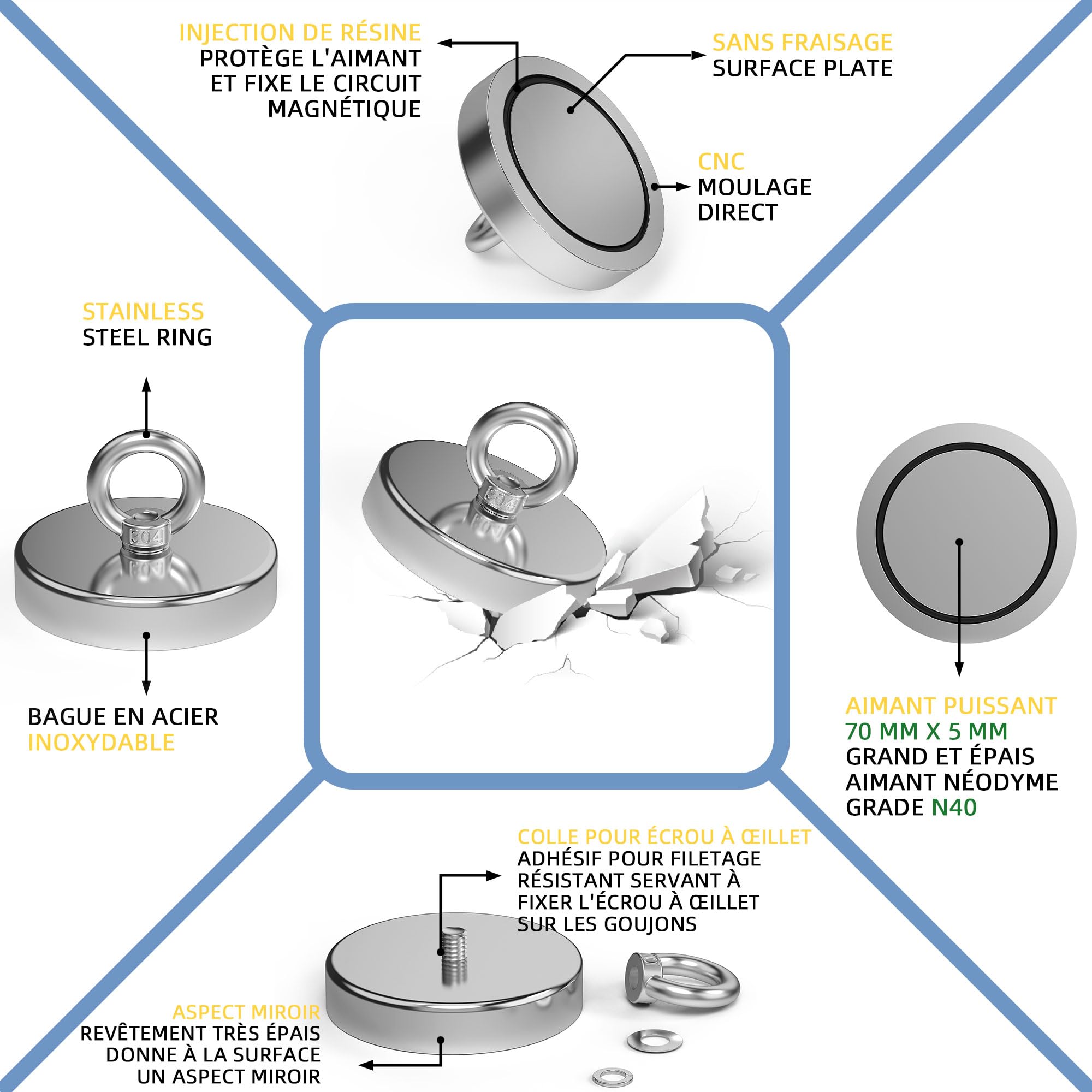 Magnetpro aimant de pêche puissant en néodyme, force de traction supérieure à 455 kg, avec anneau de levage, diamètre 90 mm, pour la pêche magnétique, la chasse et la récupération en rivière