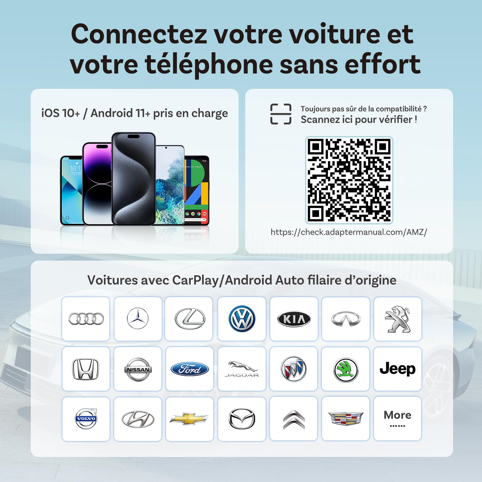 OTTOCAST Mini Slim 2026 Amélioré, 2-en-1 Adaptateur Wireless CarPlay & Android Auto avec Type-A/C pour iOS 10+ & Android 11+, Support Multi-Utilisateur, Plug & Play convertit Filaire en sans Fil