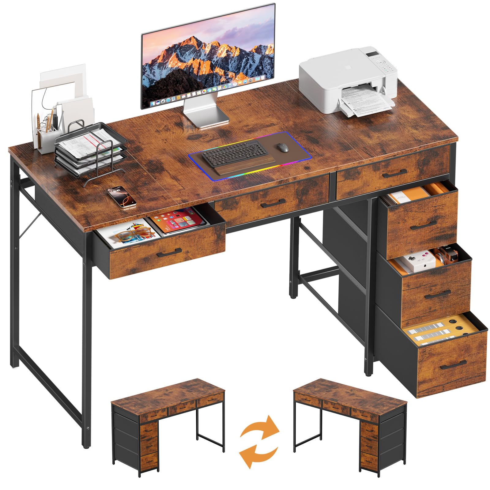 HLONONE Schreibtisch mit 6 Stoff Schubladen, 120cm Reversibler | Computertisch mit Stauraum, Modern PC Tisch für Office Wohnzimmer und Arbeitszimmer, Vintagebraun