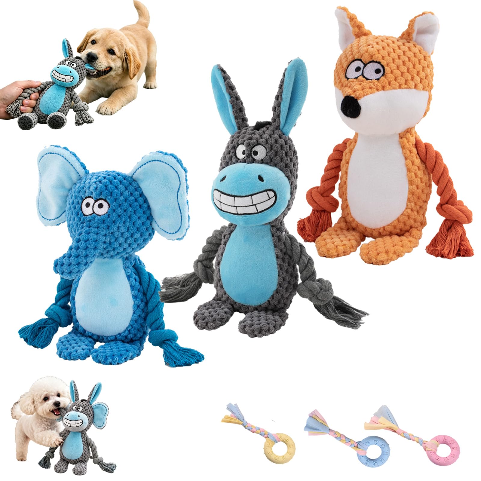 Jouet Chien Indestructible : Pack de 3 Peluches Interactives et Cordes à Mâcher pour Tout Toutou