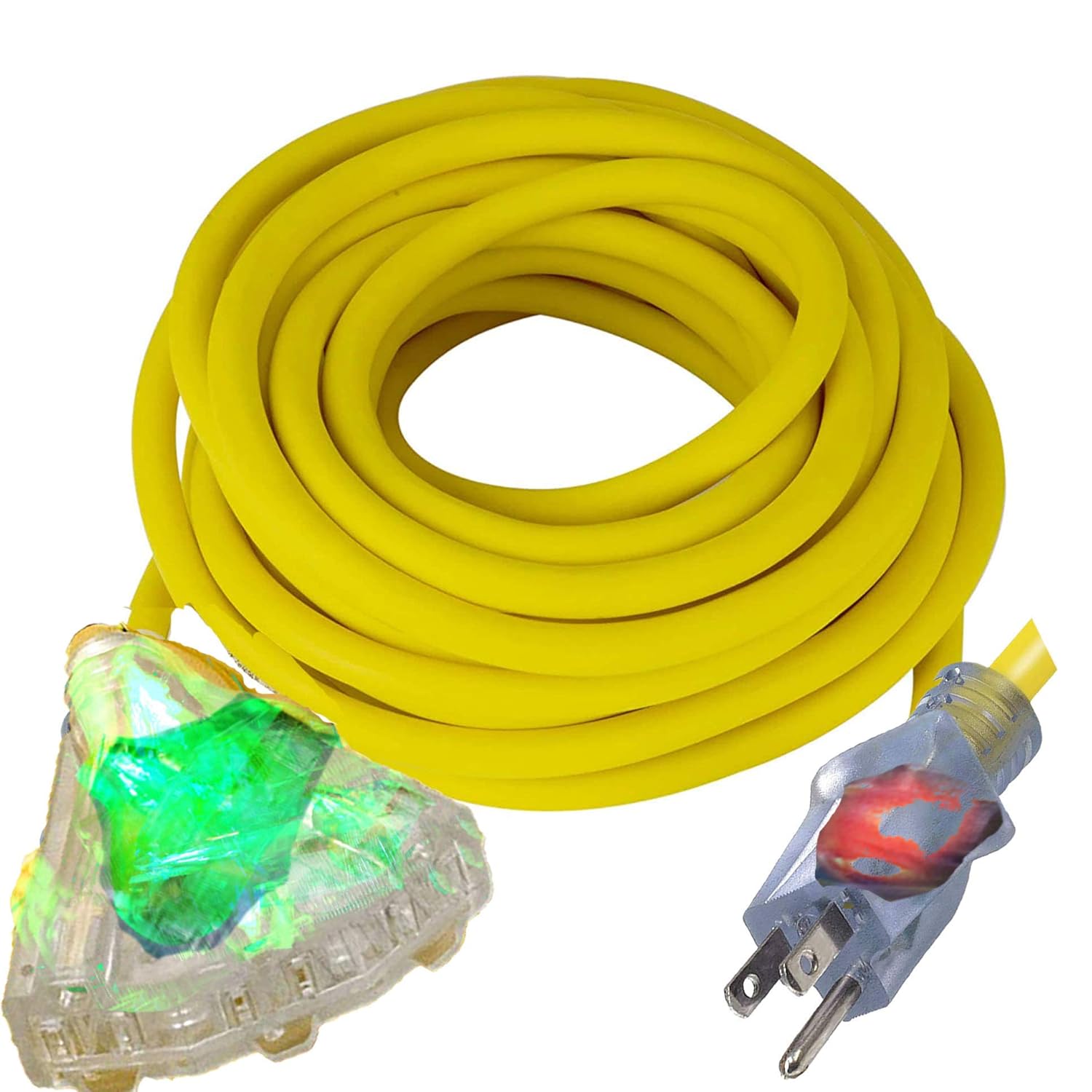 Pizety 100 ft Extension Cord 12/3 SJTW – Heavy Duty Outdoor/Indoor Yellow Cord, 3 Outlet Lighted Ends, 12 Gauge, 15 Amp, 1875W, Weather & Flame Resistant, Flexible Cold Rated -35°F