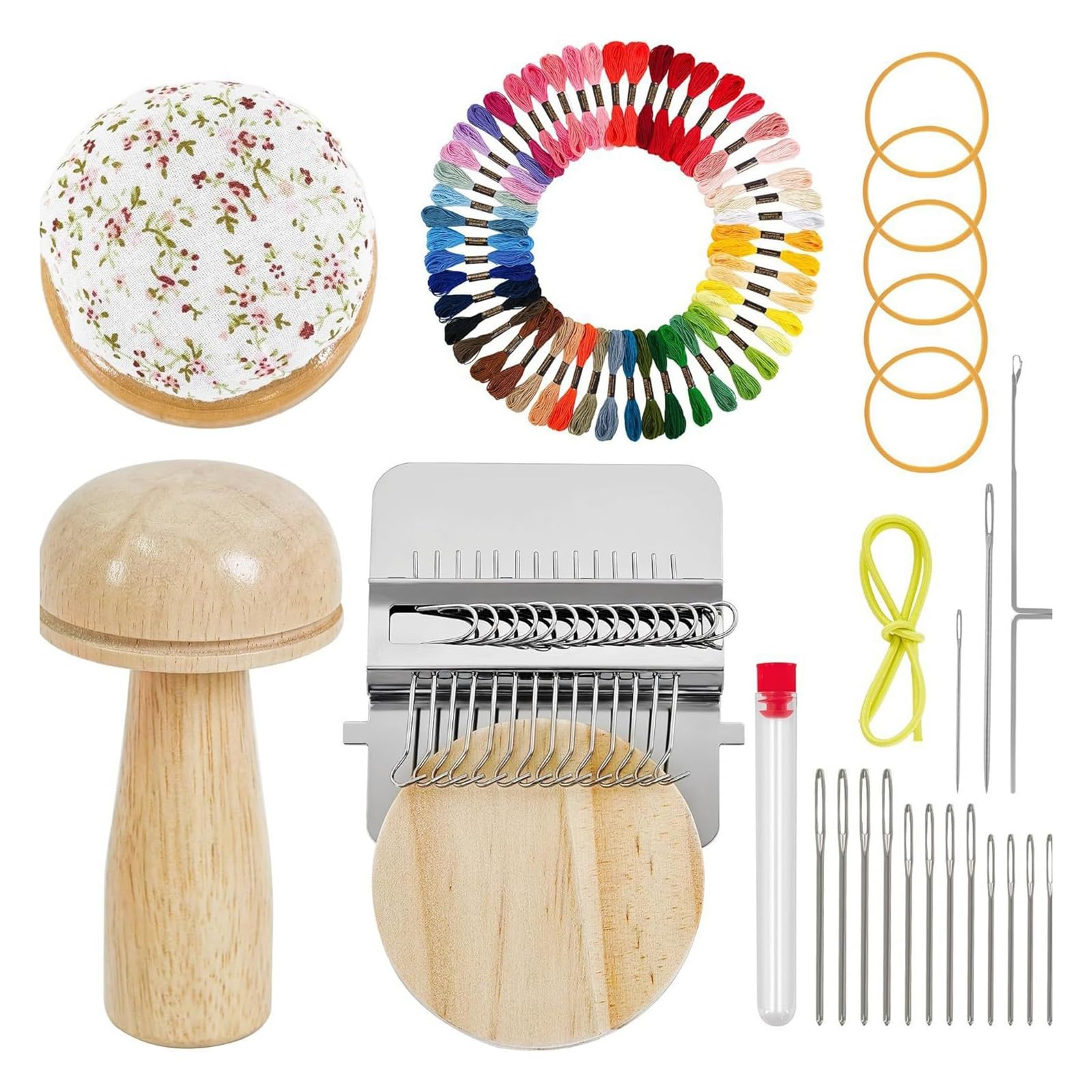 matumou Mini Darning Loom Kit Wooden Darning Mushroom Knit Patch Maker Kit Weaving Loom with 50 Color Threads Large Eye Needles for
