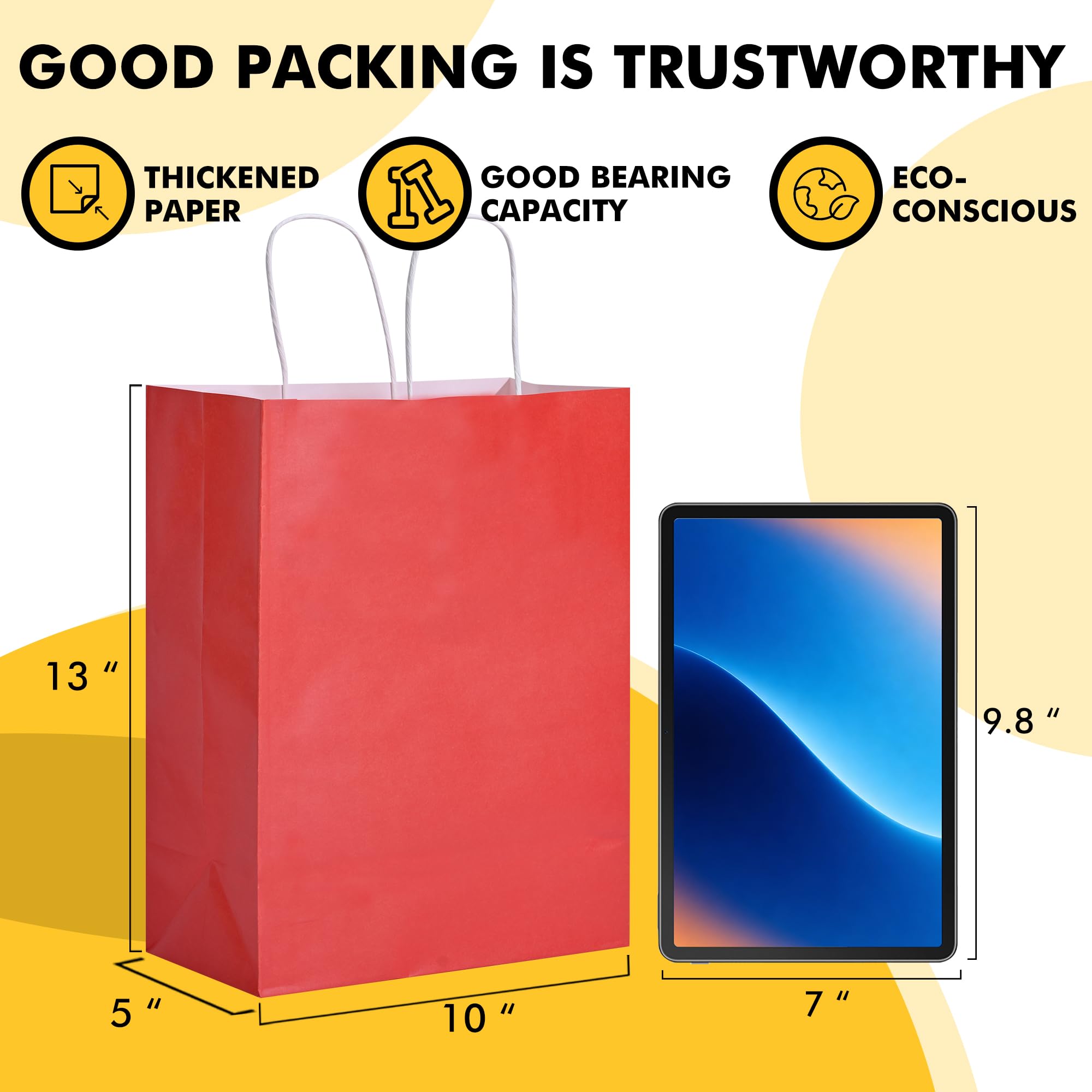 RACETOP 50 bolsas de papel kraft de 10 x 5 x 13 pulgadas, bolsas de papel rojo con asas a granel, bolsa de regalo de papel reciclado para regalos de fiesta de cumpleaños, comestibles, compras