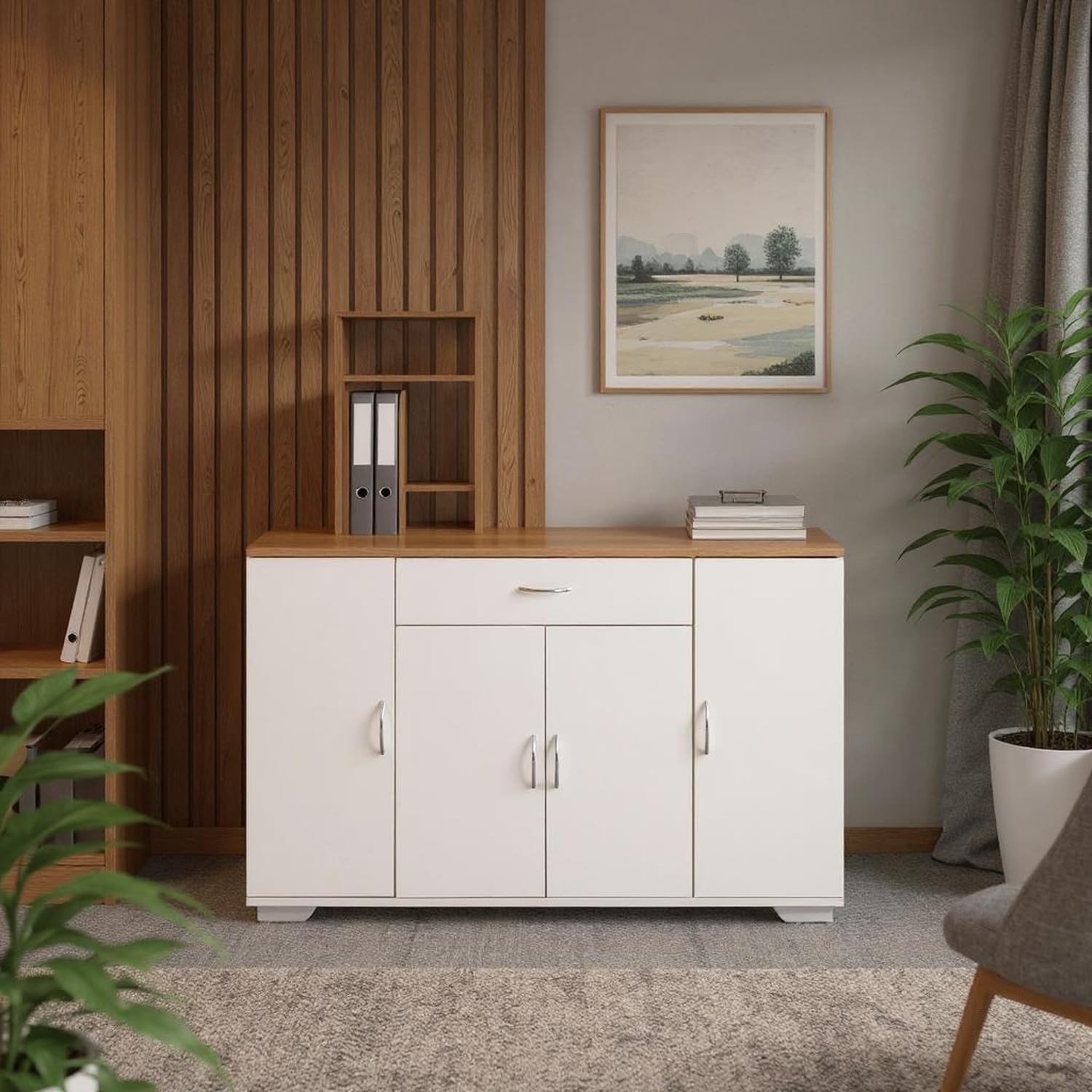 FurnitureR Armadietto bianco, stile moderno, materiale MDF, compatto e funzionale, con tre ante e un cassetto