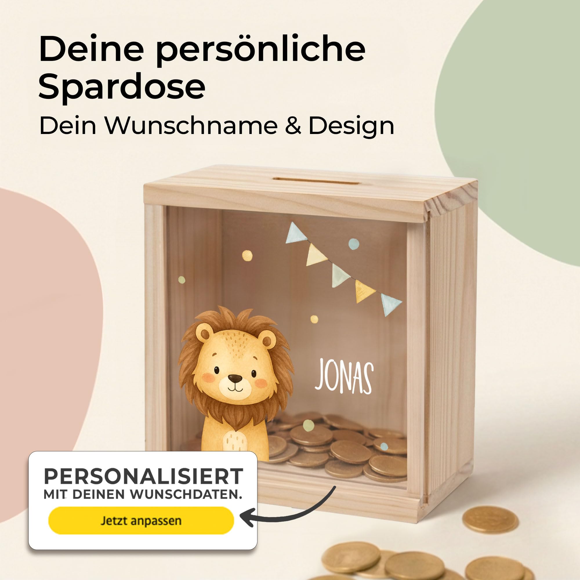 Little-Deco Spardose, Geldkassette, Sparbox, Geld sparen, Sparschwein Kinder, personalisierte Geschenke Kinder, personalisierte Spardose, Holzspardose, Taufgeschenke, Geschenk zur Geburt, 15x15cm