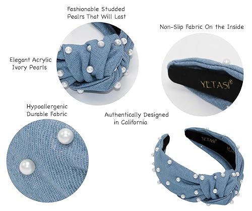 Miniatura 4 de Diademas anudadas de mezclilla azul perla para mujer que van con todo. Cómoda diadema de tela suave con nudo superior para mujer. Diadema de