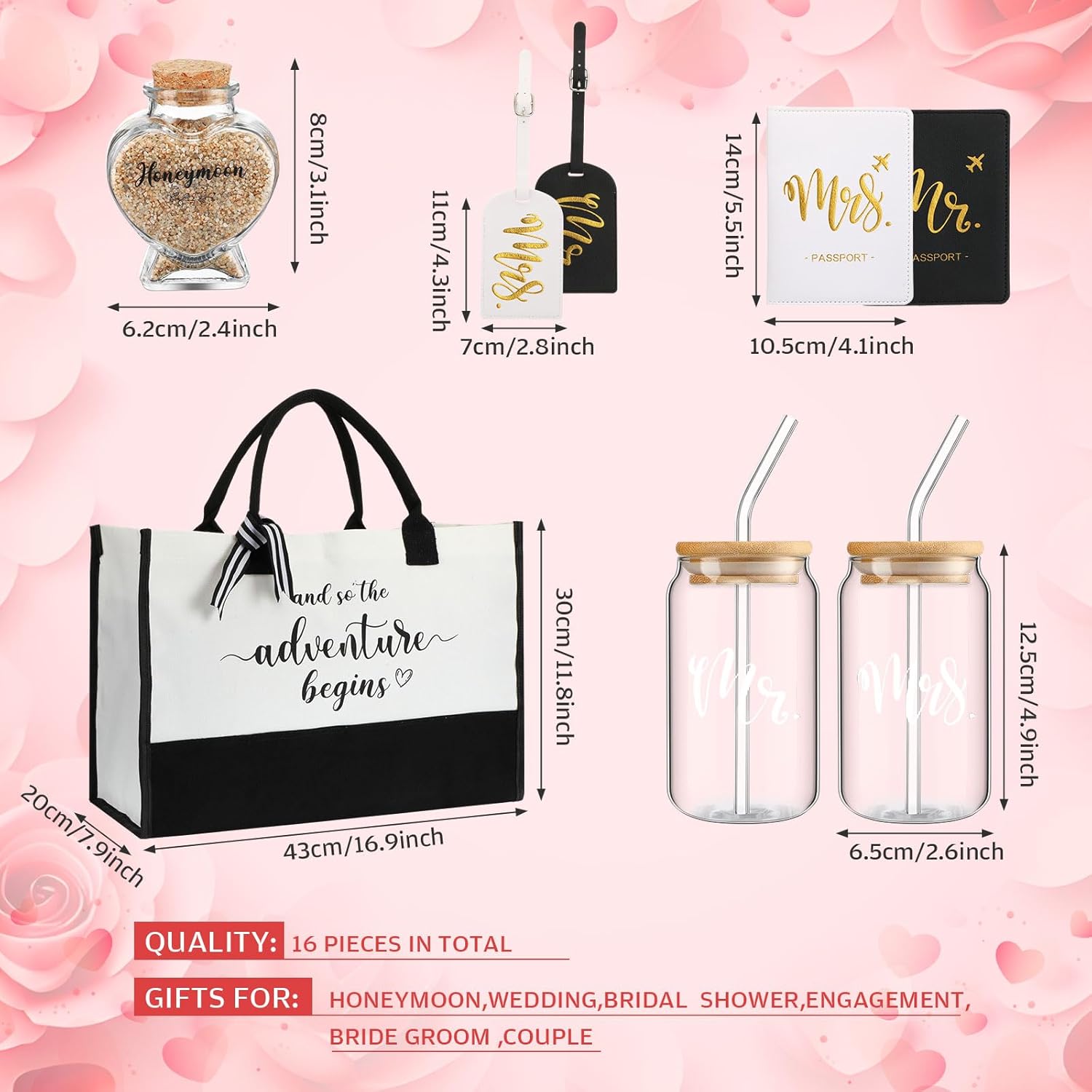 16 Pcs Wedding Gifts for Couple Mr Mrs Honeymoon Gifts Bridal Shower Engagement Favors with Glass Date Night Dice Passport Holder Baggage Tags Jar Tote Bag(Mr and Mrs)