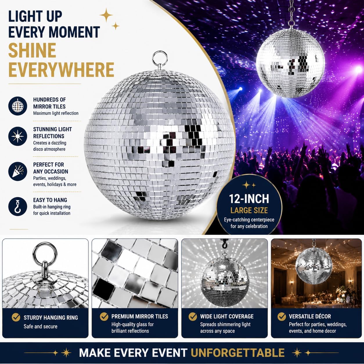 Disco Ball 12-Inch – Large Hanging Mirror Ball - Cool and Fun Hanging Party Disco Ball for Big Party Decorations, Party Design
