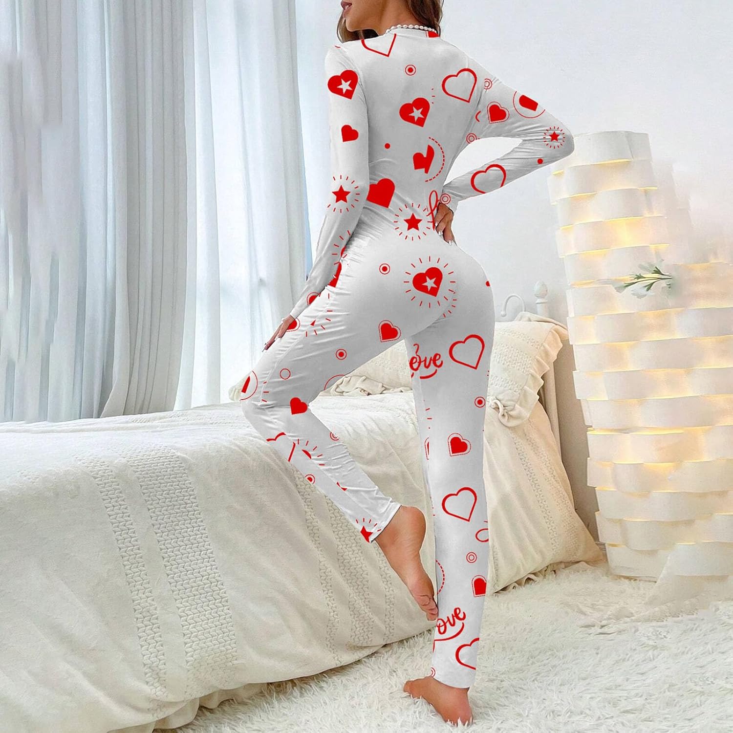 Women Heart Print Jumpsuit Pajamas Long Sleeve V Neck Bodycon Bodysuit Romper Sleepwear One Piece Outfits - Image 3