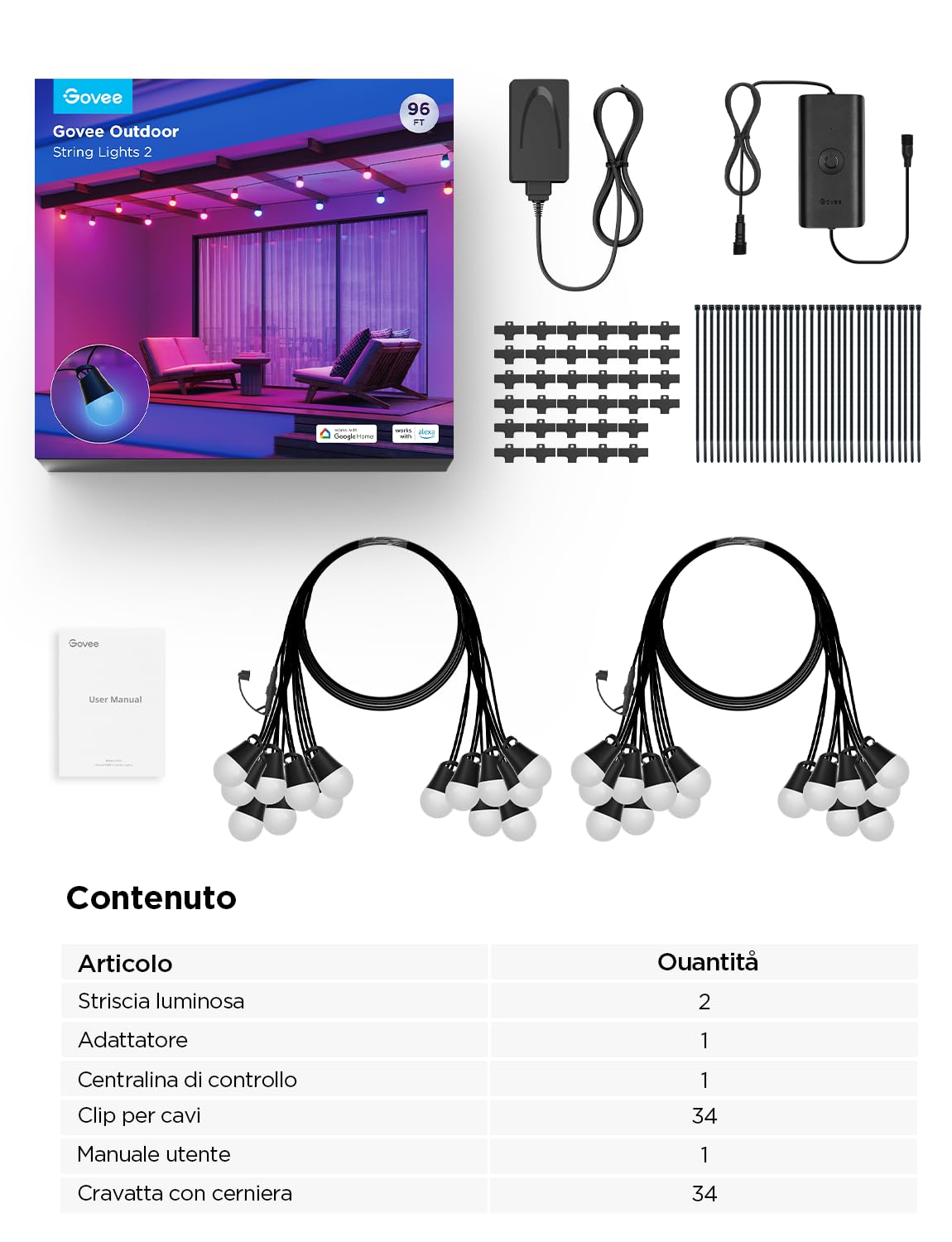 Govee Luci Esterne Intelligenti 2, Giardino LED Luci da Esterno RGBICW 30M | IP65, 100lm per Luce, 47 Scena e 16 Milioni di Colori, App Intelligente e Controllo Vocale, Durata di vita di 25000h