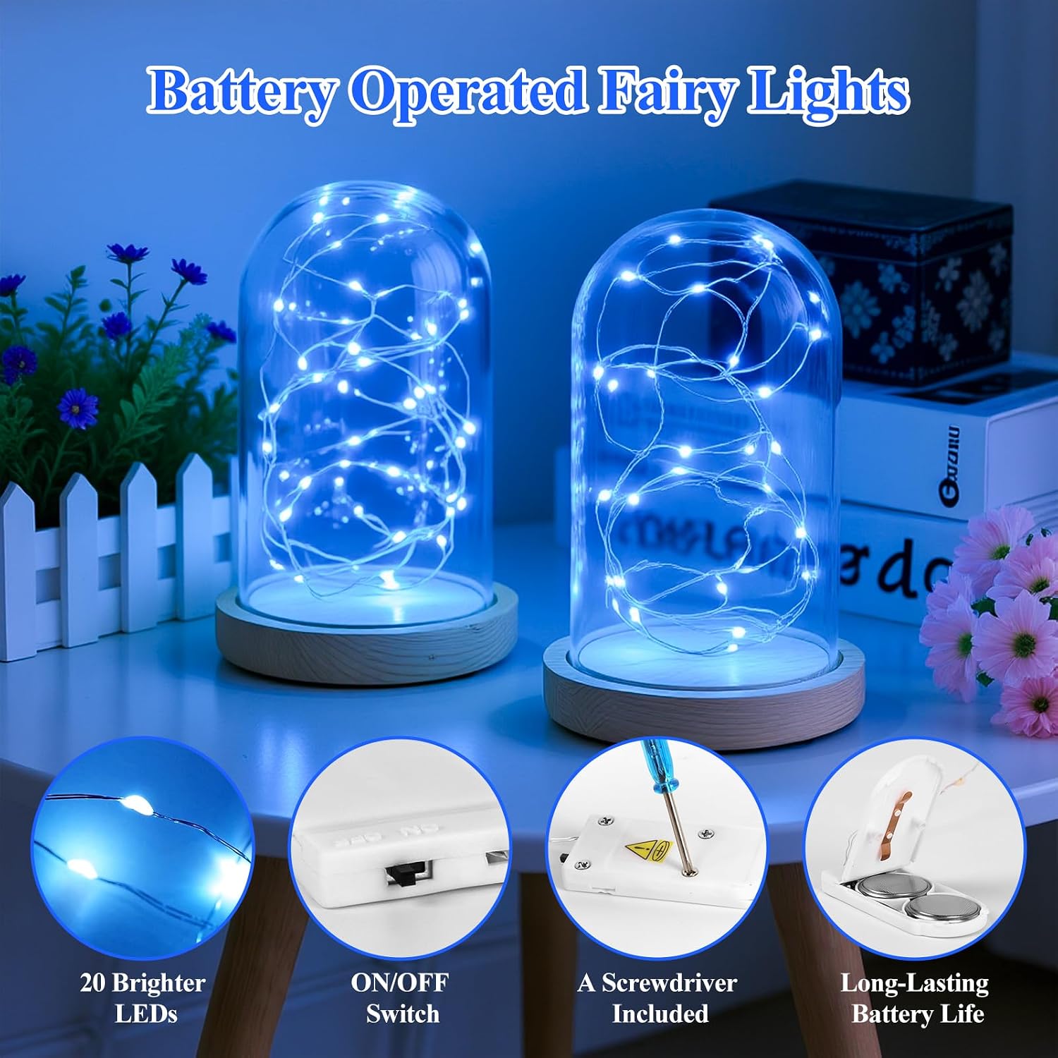 Lakumu 12-Pack Fairy Lights, 7FT 20 LED Battery Operated String Lights, Waterproof Silver Wire Firefly Lights, Blue for Mason Jars DIY Bedroom Wedding Party Centerpiece Table Decor image 4