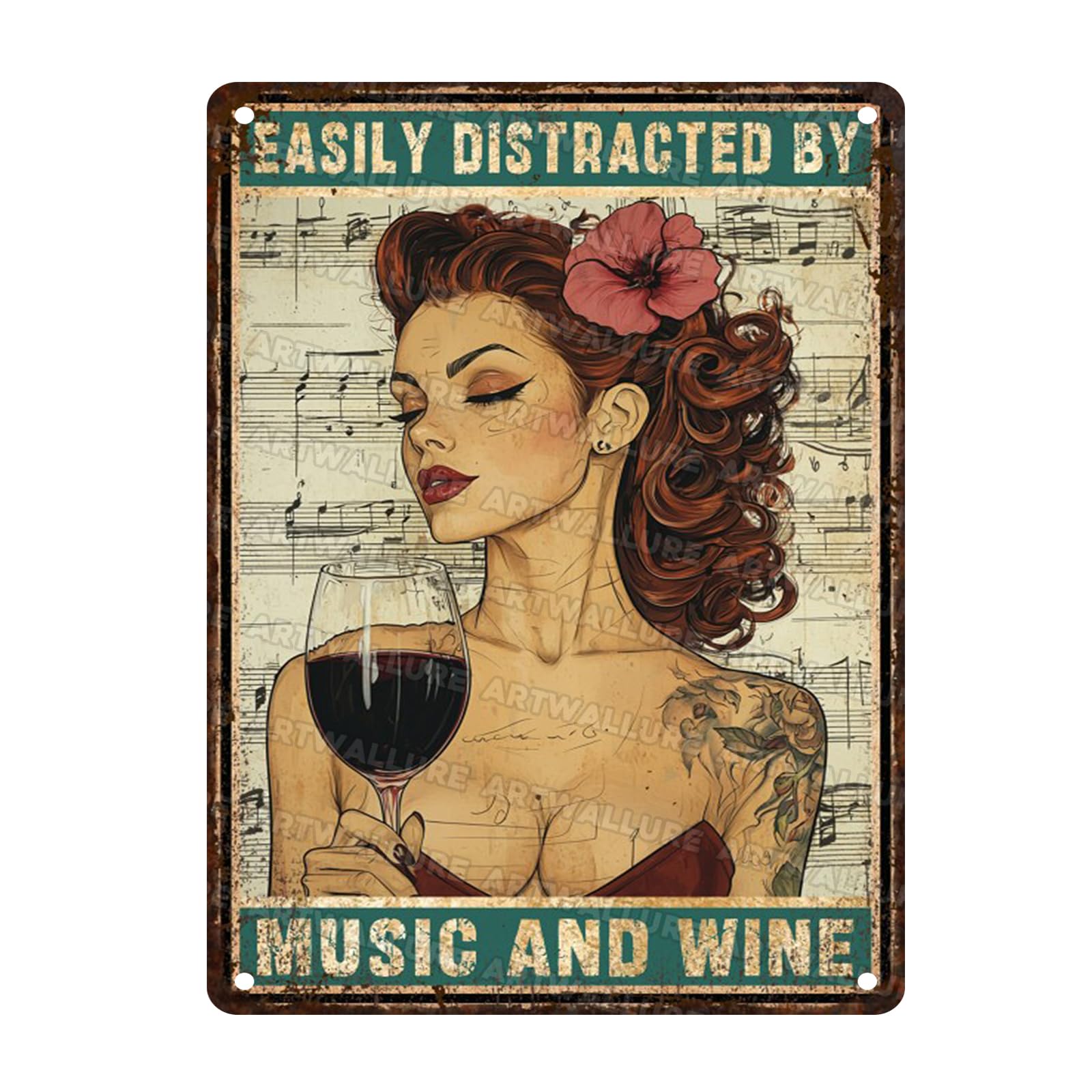 Vintage Metal Sign Easily Distracted By Music For Boho Decor Vintage Posters For Home Bathroom Garden Restroom Bedroom Bar Cafe 12x16inch
