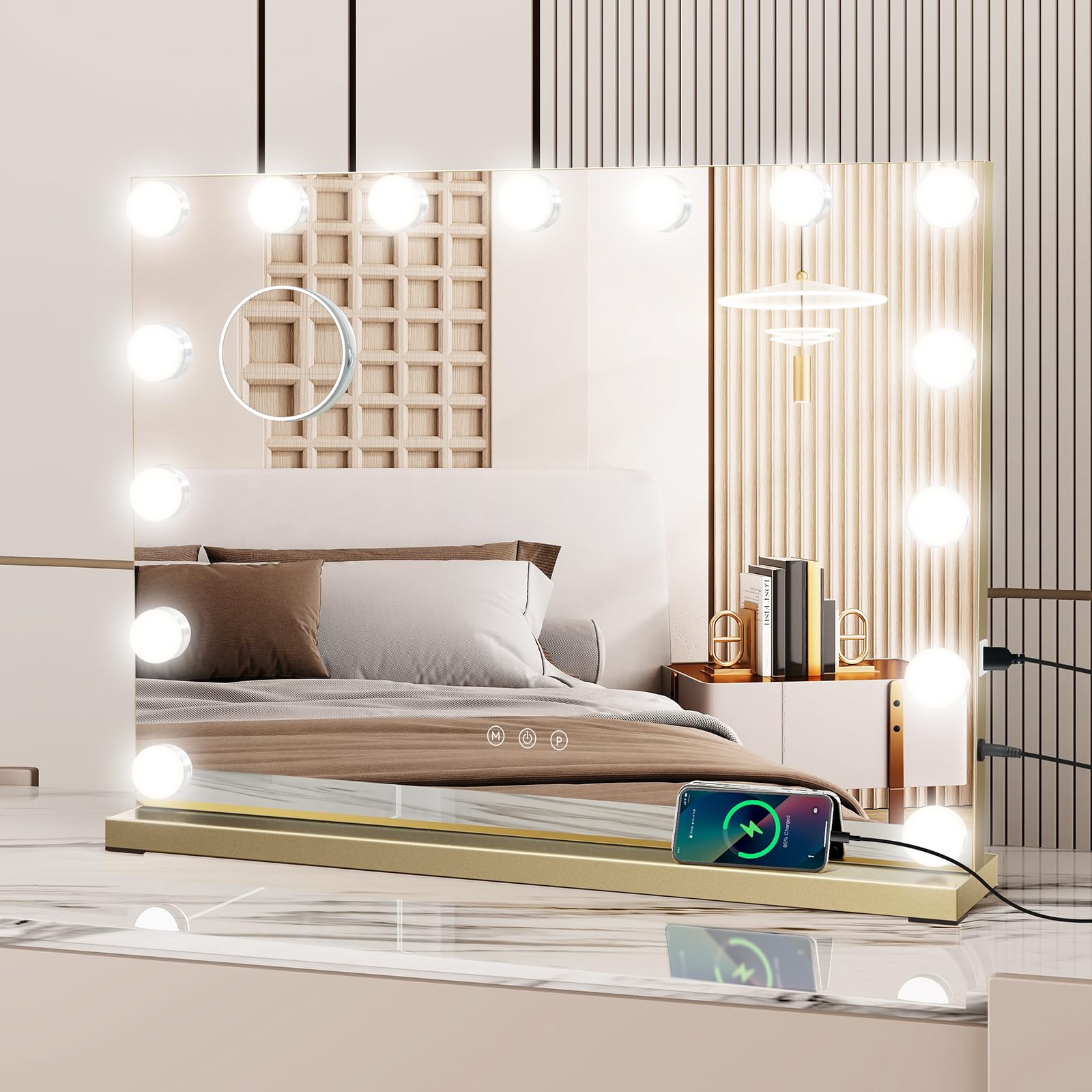 YOURLITE Hollywood Vanity Mirror with Lights, 58×45cm Lighted Makeup Mirror with 15 Dimmable Led Bulbs, 3 Lighting Modes, Touch Screen Control, Tabletop and Wall Mounted Cosmetic Mirror For Bedroom