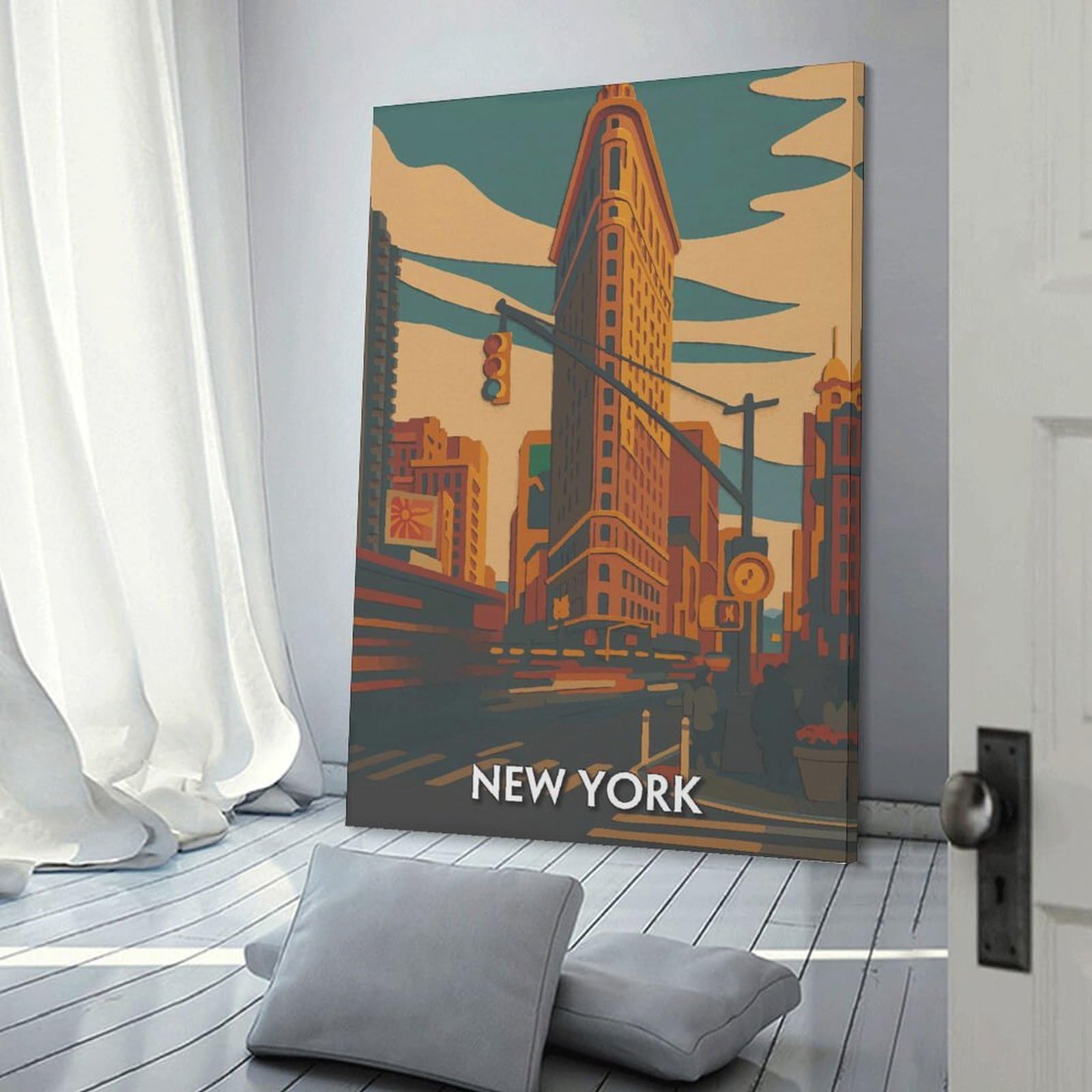 Junmoney New York City Flatiron Building Illustration Canvas Wall Art, 20x30inch(50x75cm), for Bedroom Decor, Cosy Corners Or Studios, Stylish Decor for A Restful Room Update