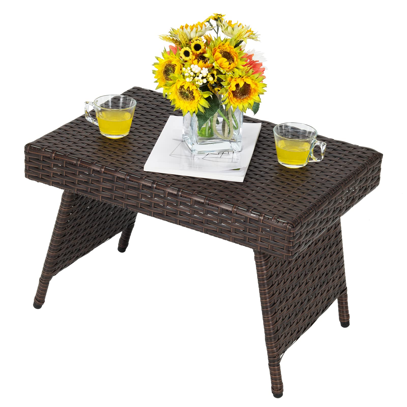 GYMAX Tavolino da Esterno in Rattan, Tavolino Basso e Pieghevole, Tavolino da Caffè Richiudibile, Moderno e Elegante, Ideale per Balcone, Giardino e Cortile, 60 x 40 x 40 cm, Marrone