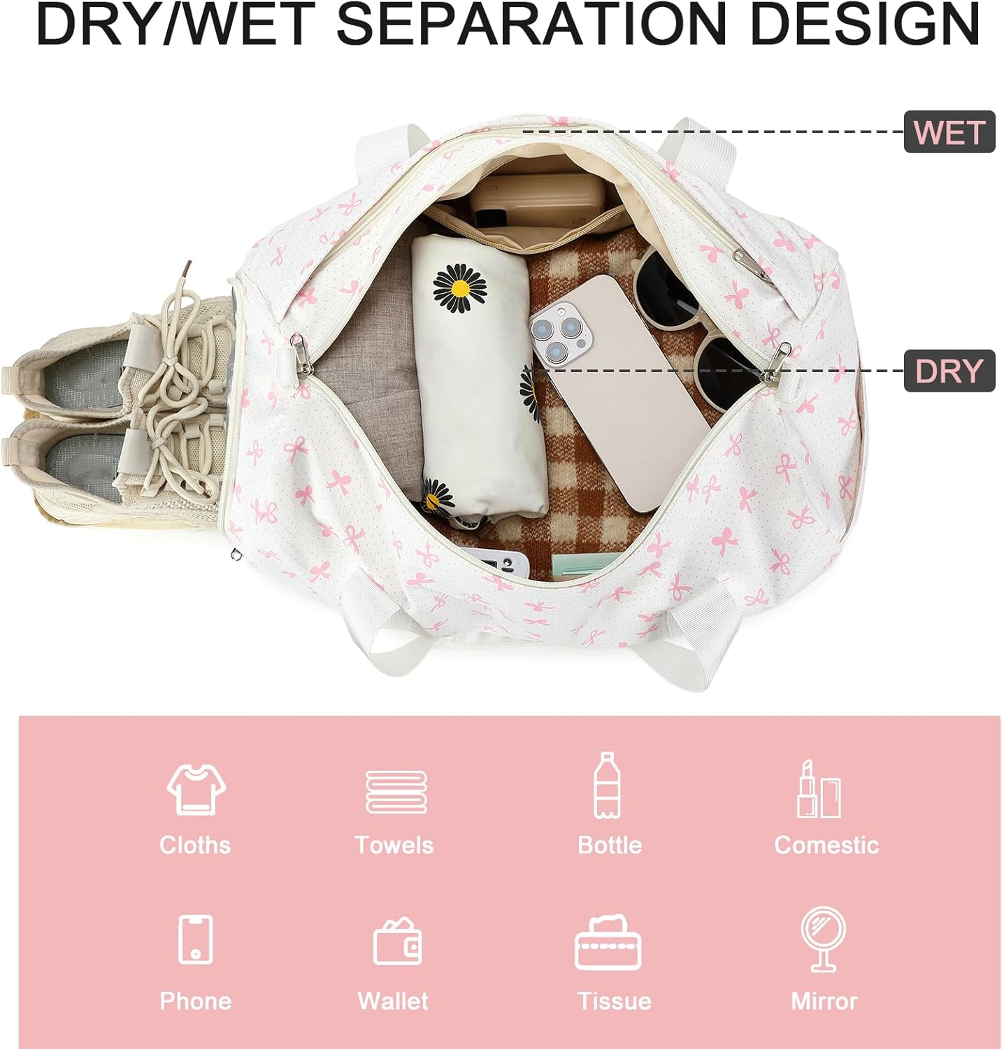 BTOOP Duffle Bag for Girls Kids Gym Sports Women Workout Travel Bag Weekender with Shoe Compartment and Wet Pocket (Pink Bow) - Image 3