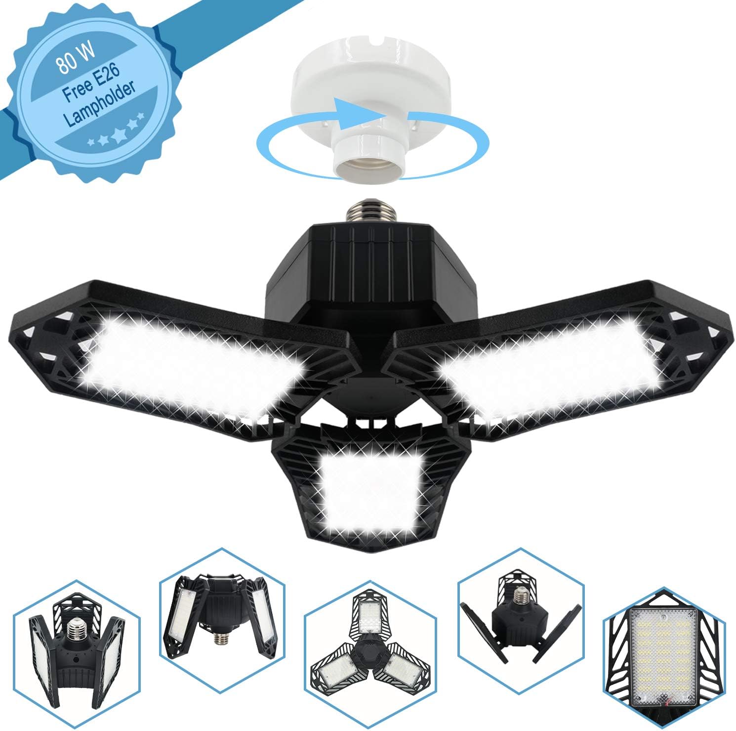 UPPERCUT LED Garage Lights, Super Bright LED 80W 8000LM Deformable Garage Ceiling Light, with 3 Adjustable LED Panels Shop Lights with E26/E27 Base, Fits for Garage, Workshop, Warehouse, Barn Light