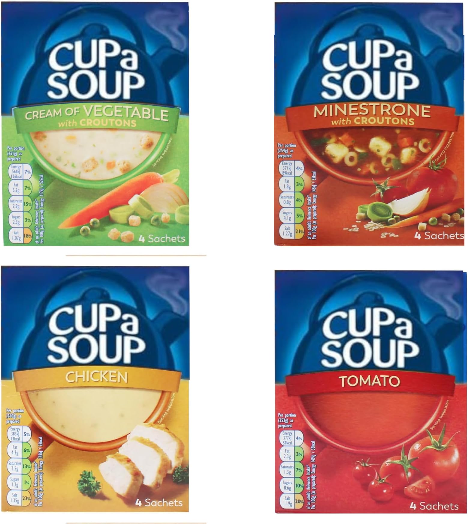Cuppa Soup Variety Bundle - 4 Delicious Flavours - with Cup a Soup Vegetable, Chicken, Tomato and Minestrone - 16 Sachets in Total - Ready in Minutes