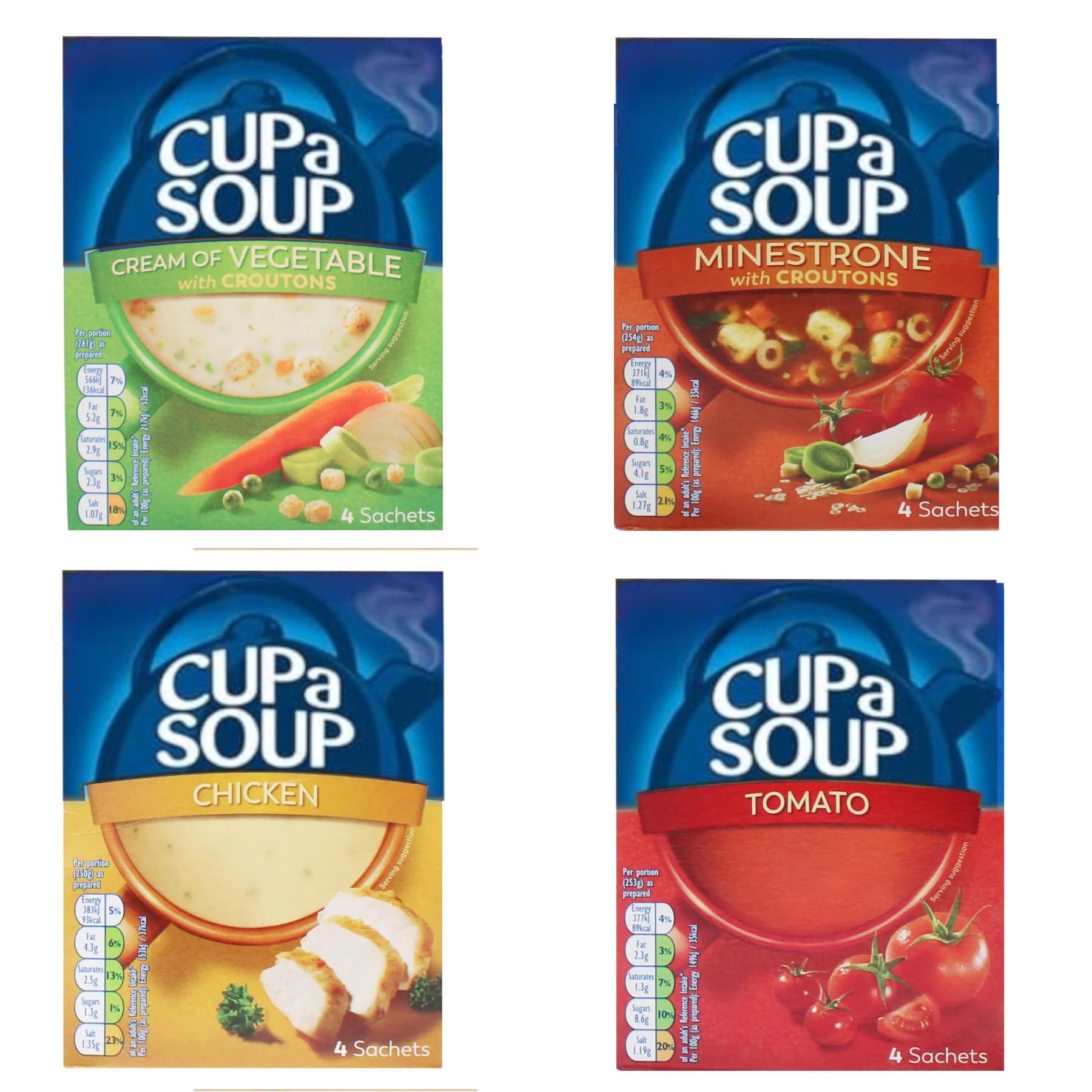 Cuppa Soup Variety Bundle - 4 Delicious Flavours - with Cup a Soup Vegetable, Chicken, Tomato and Minestrone - 16 Sachets in Total - Ready in Minutes
