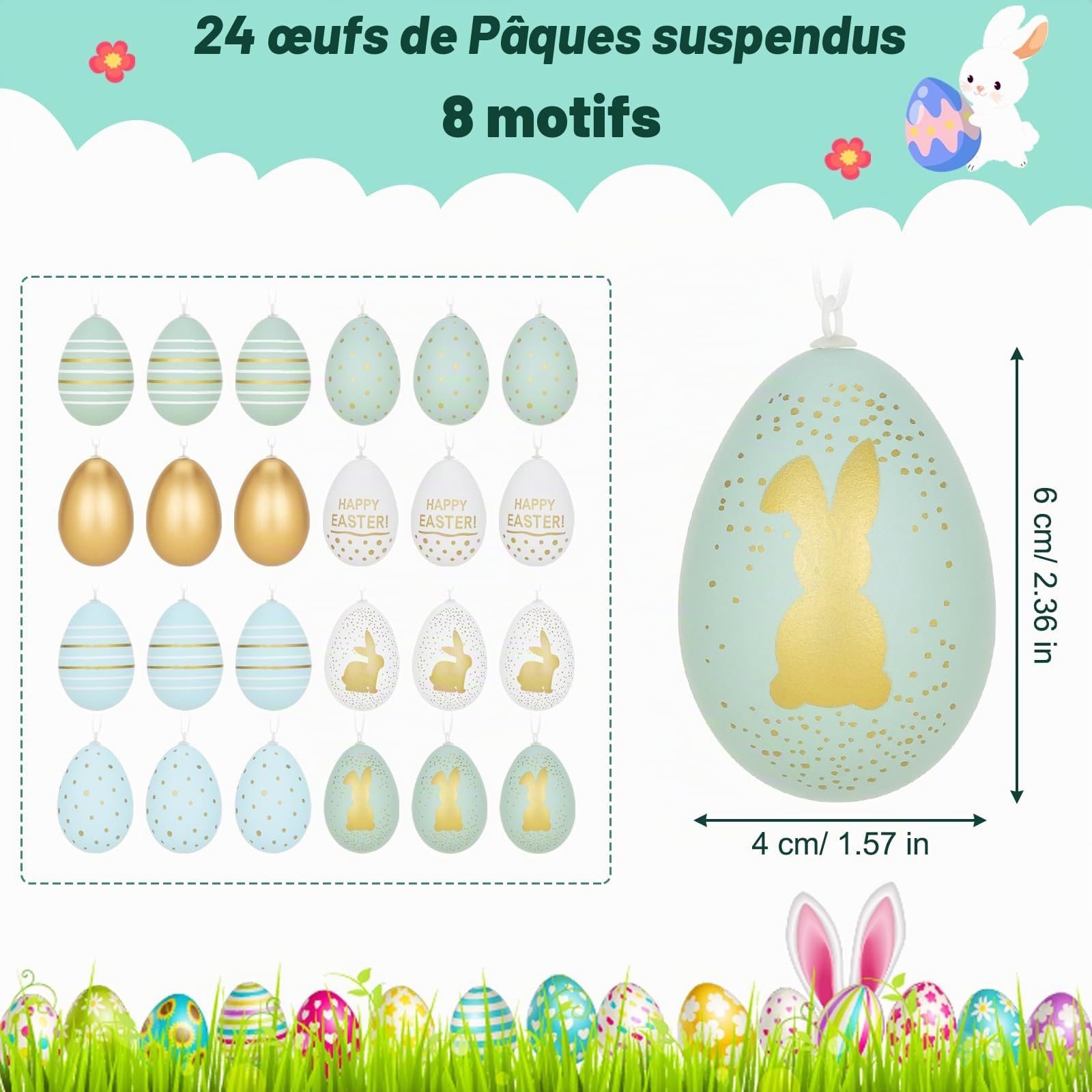 Œufs de Pâques en plastique 6 cm x 4 cm Lot de 24, or bleu clair vert clair blanc 7 designs