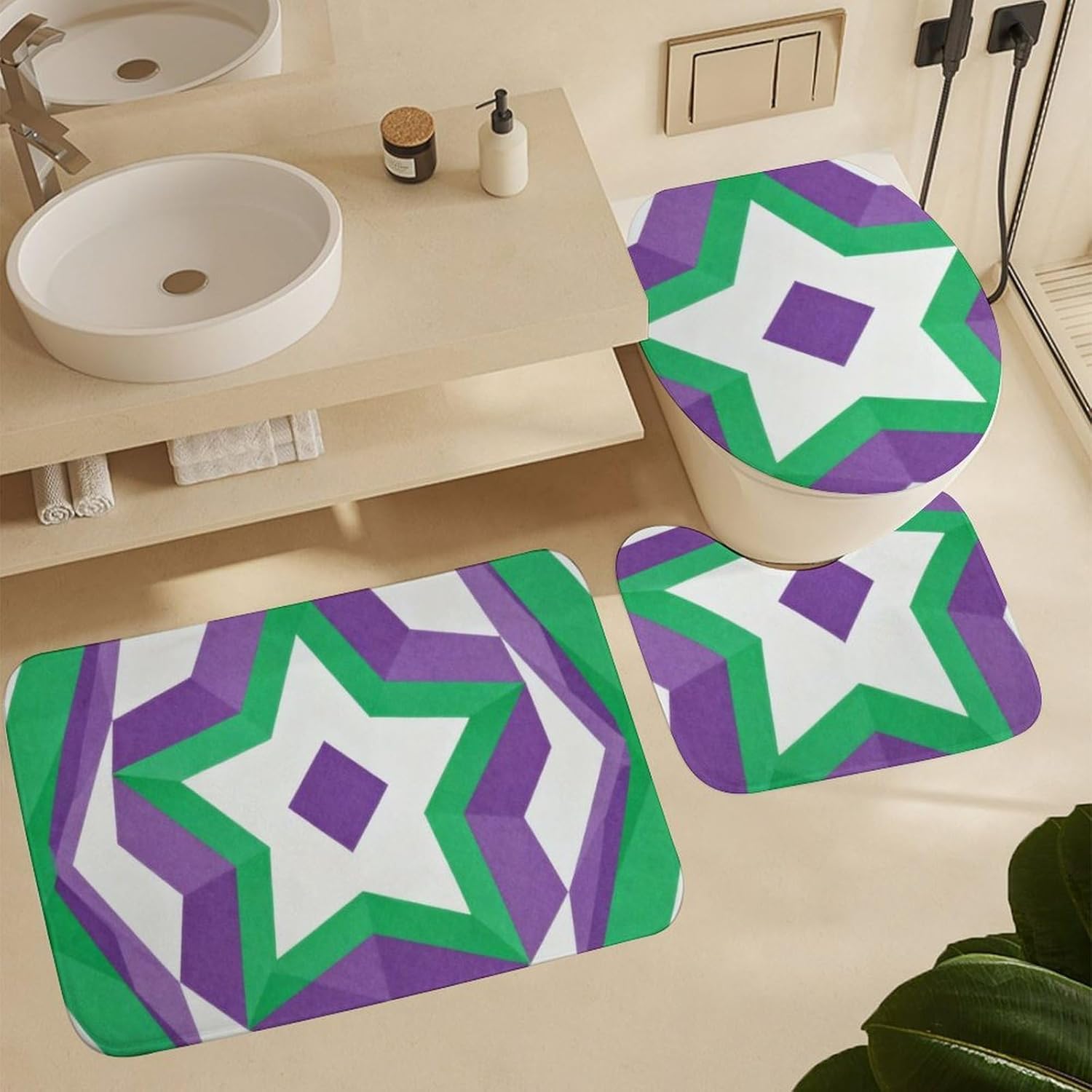 4 Piece Bathroom Rug Set with Shower Curtain, Non-Slip Bath Mat Toilet Cover Set, Curve Bathroom Rug Sets