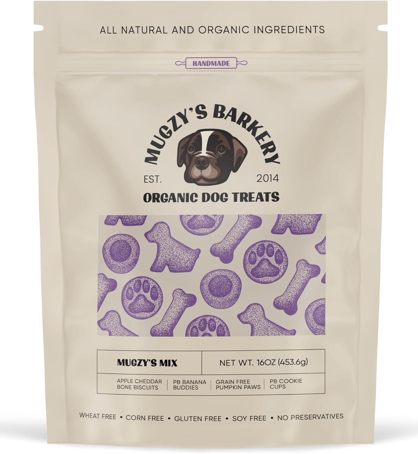 Mugzy's Barkery Mugzy's Mix Variety Pack, PB Cups, PB Banana, Grain Free Pumpkin Cinnamon & Apple Cheddar Flavors, Handmade in The USA, All-Natural, Organic, 4 Flavors (16 Ounces)