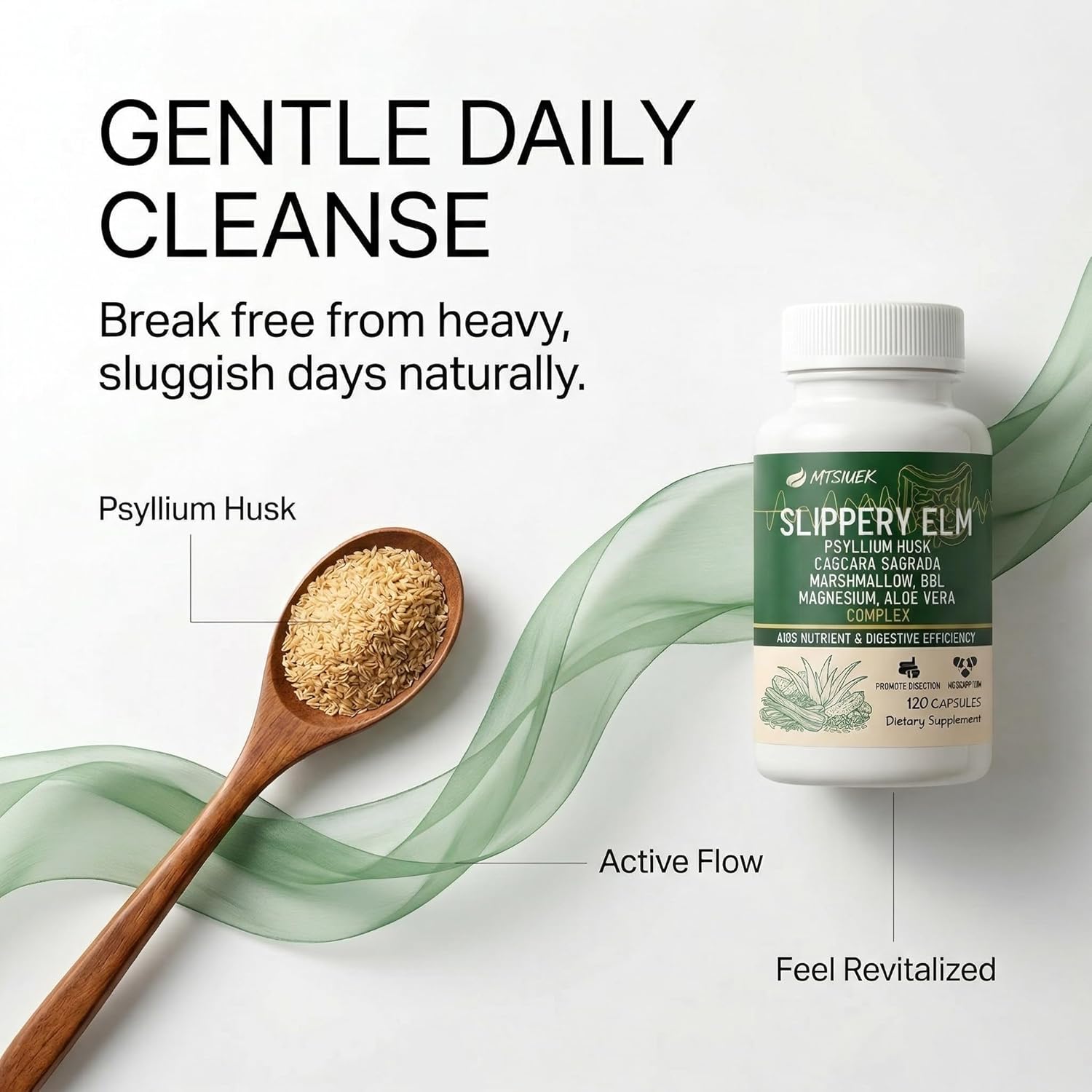 Slippery Elm & Psyllium Husk Capsules for Women - Gentle Daily Cleanse with Magnesium, Cascara Sagrada & Aloe Vera - Gut Lining Comfort, Bloating Relief & Digestive Regularity (120 Ct)