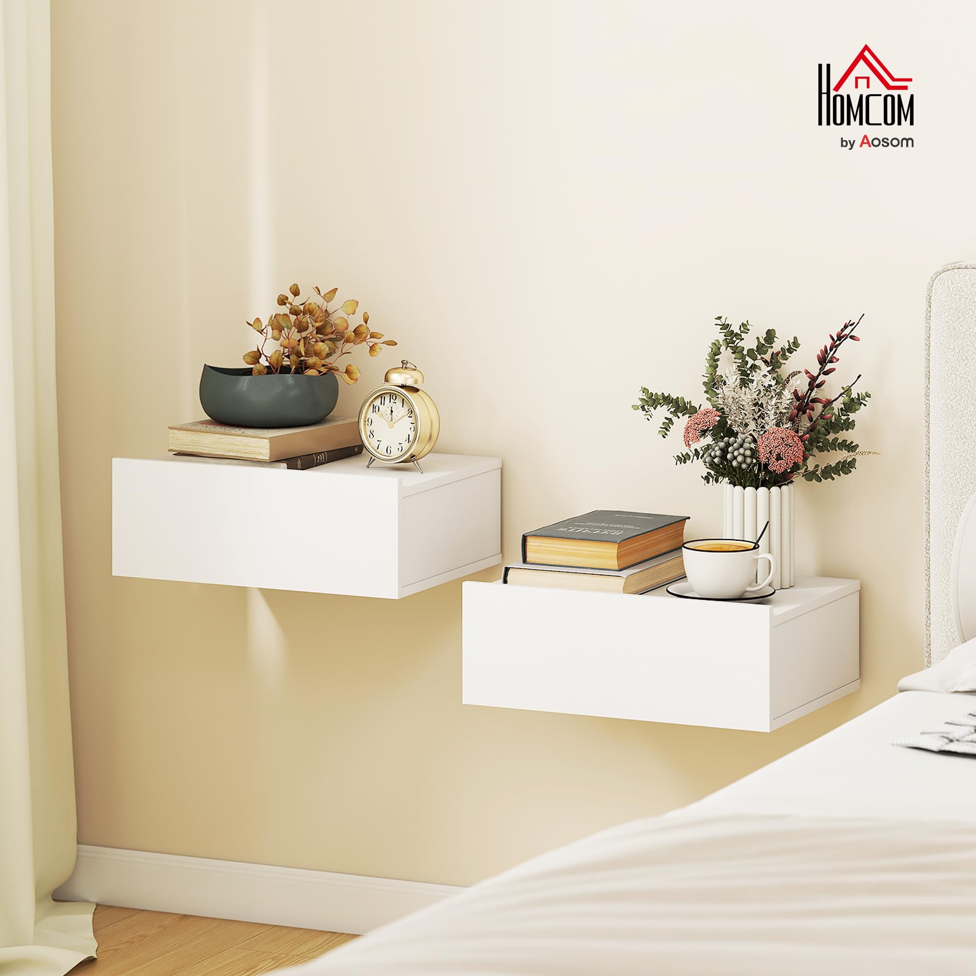 HOMCOM Lot de 2 Tables de Chevet Murales Tiroir Coulissant 40x30x15cm Blanc | Tables de Nuit Suspendues, Style Moderne, pour Chambre à Coucher