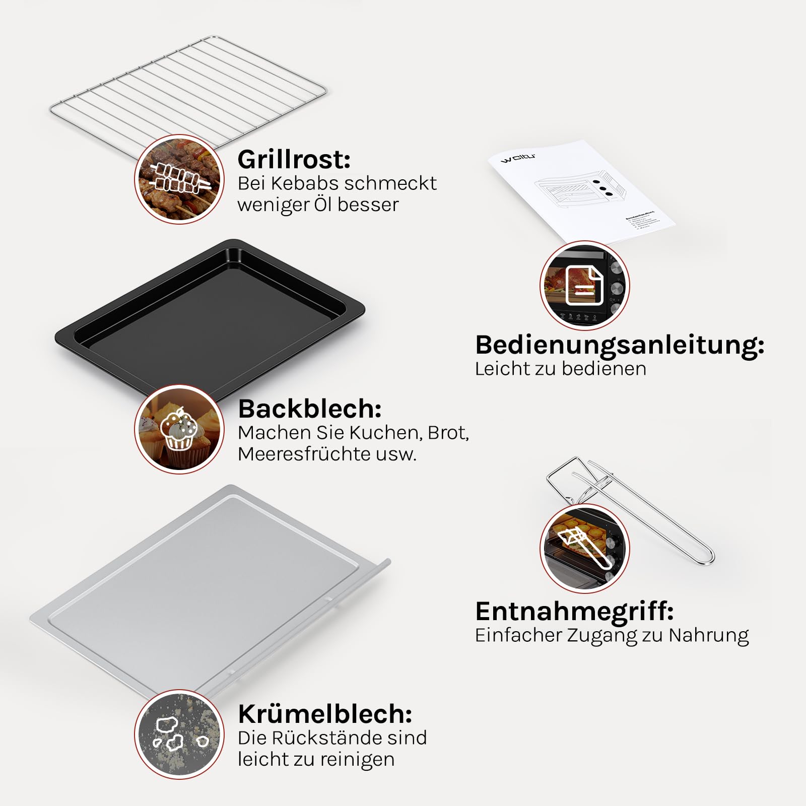 WOLTU Mini Backofen mit Umluft 28 L, Pizzaofen 1600 W, 100-230 °C, Timer 0-60 Min., 3 Heizmodi, inkl. Backblech Grillrost Krümelblech Rostheber, Mini Ofen für Backen Braten Auftauen Erhitzen, Schwarz
