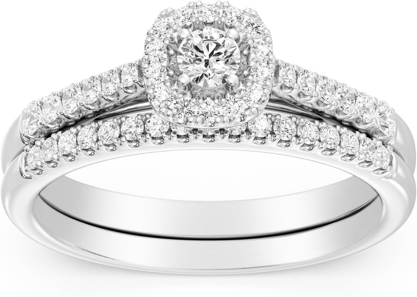 GILDED 925 Sterling Silver Wedding Ring Set for Women | Lab-Grown Diamond Engagement Ring in 1/2, 5/8, 3/4, 1 Carat | Size 7 Sterling Silver Bridal Set