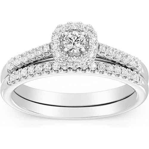 GILDED 925 Sterling Silver Wedding Ring Set for Women | Lab-Grown Diamond Engagement Ring in 1/2, 5/8, 3/4, 1 Carat | Size 7 Sterling Silver Bridal Set