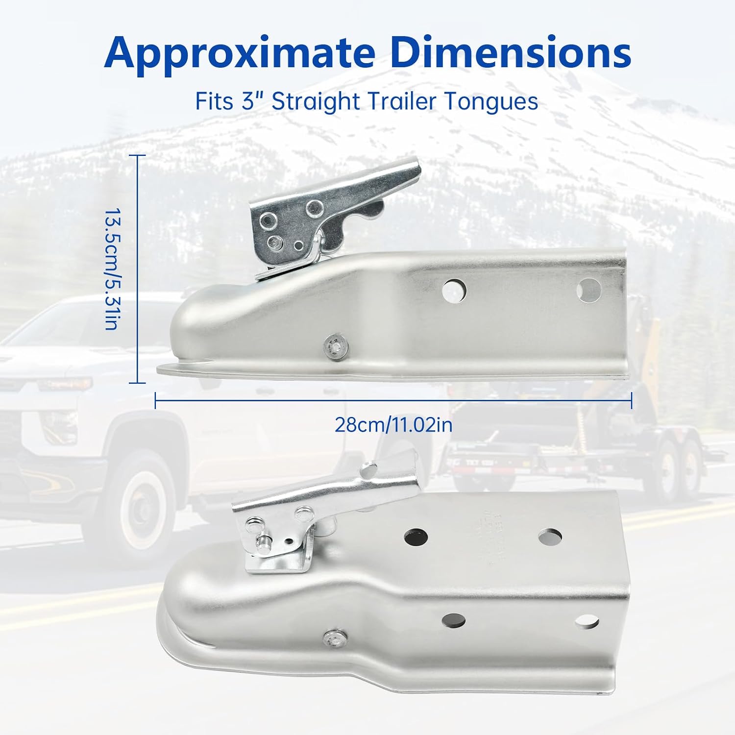 Straight Tongue Trailer Coupler for 2" Hitch Ball with 3" Channel