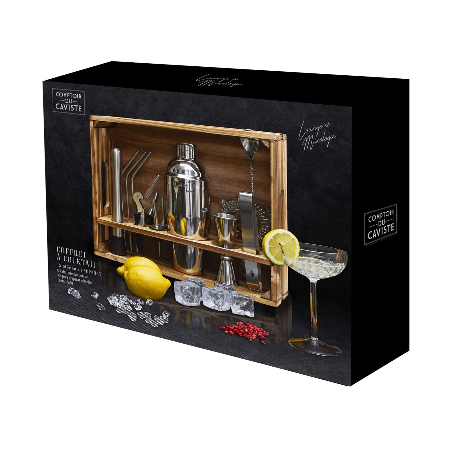 Set da cocktail con 15 accessori in acciaio INOX e supporto in legno di pino