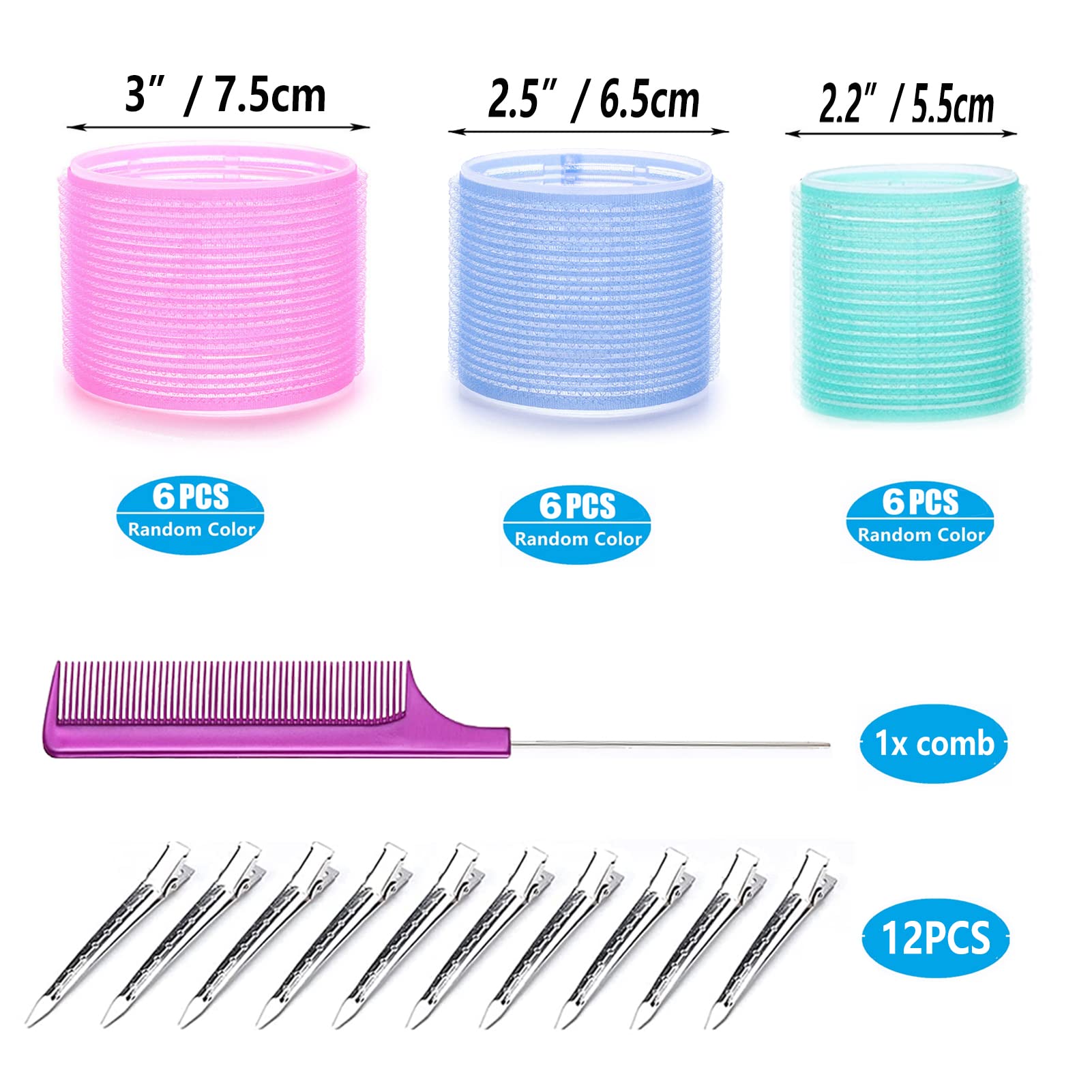 Rodillos de pelo jumbo de 3 pulgadas para cabello medio largo, 30 rizadores de pelo grandes sin calor con peines de cola de rata, rizadores de peluquería para mujeres de cabello grueso (75/65/55 mm)