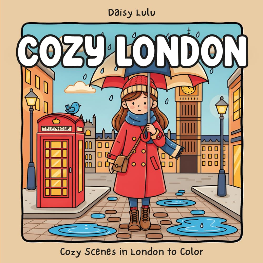 Cozy London - A Cute & Cozy Coloring Book for Kids & Adults: Bold & Easy Coloring Pages with Rainy London Scenes, Iconic Landmarks, Cafés, Big Ben, ... & Stress Relief (Cozy Places Coloring Series)